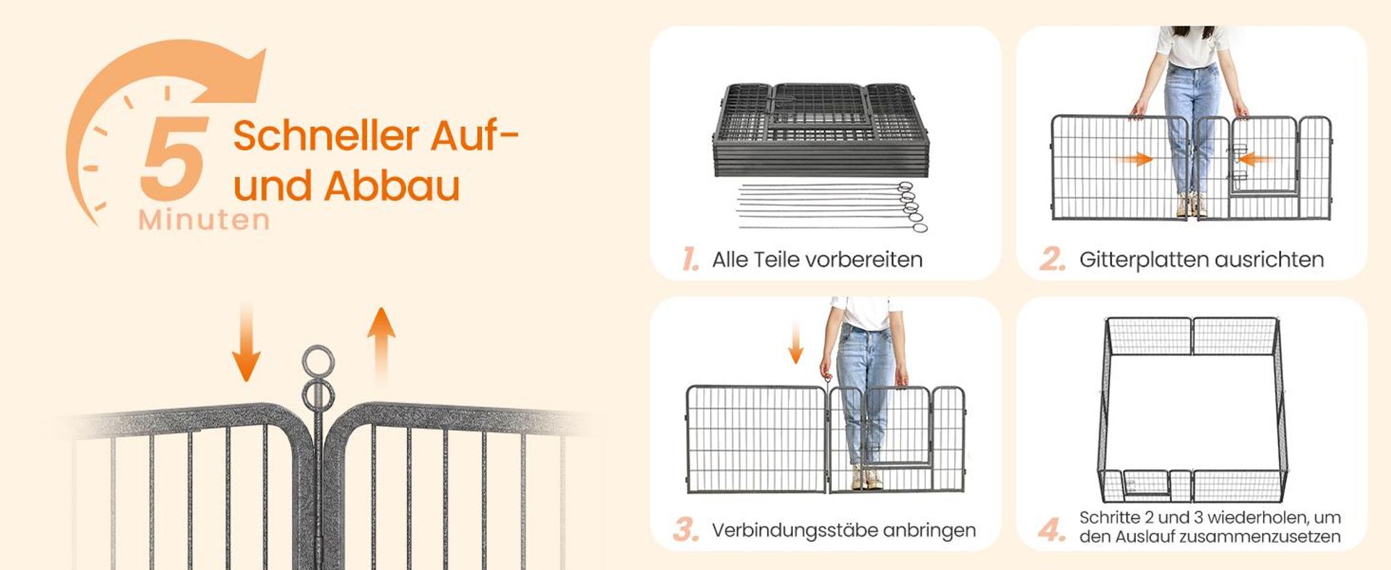 FEANDREA Welpenauslauf, 8 Platten DIY, Doppel-L-Schloss, 77x60cm grau PPK86G