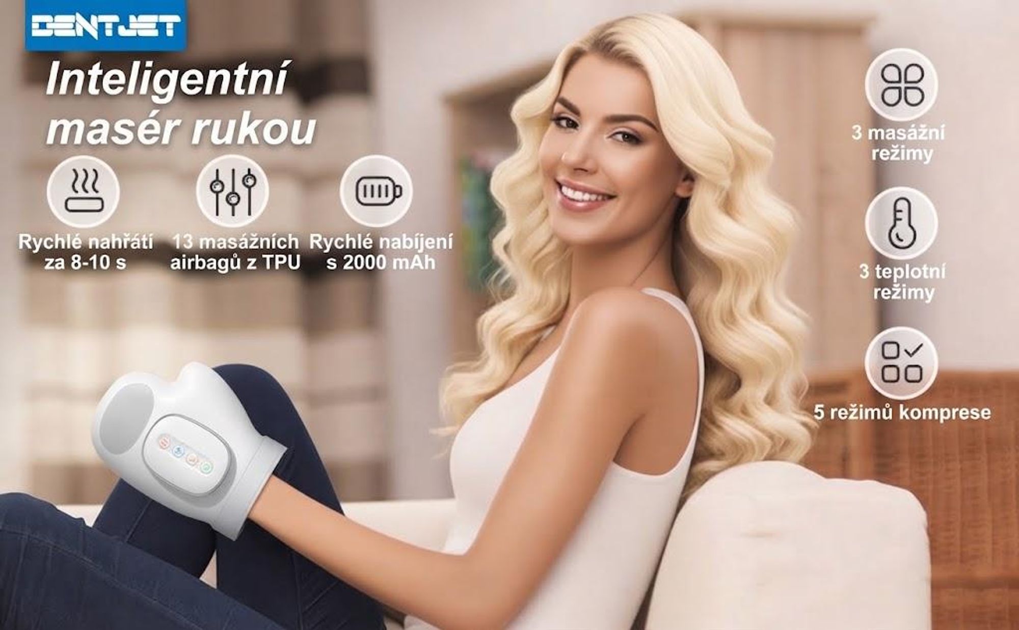 Inteligentní ruční masážní přístroj s funkcí tepla a komprese 3 masážní programy, 4 nastavení teploty, 5 kompresních vzorů Terapeutické