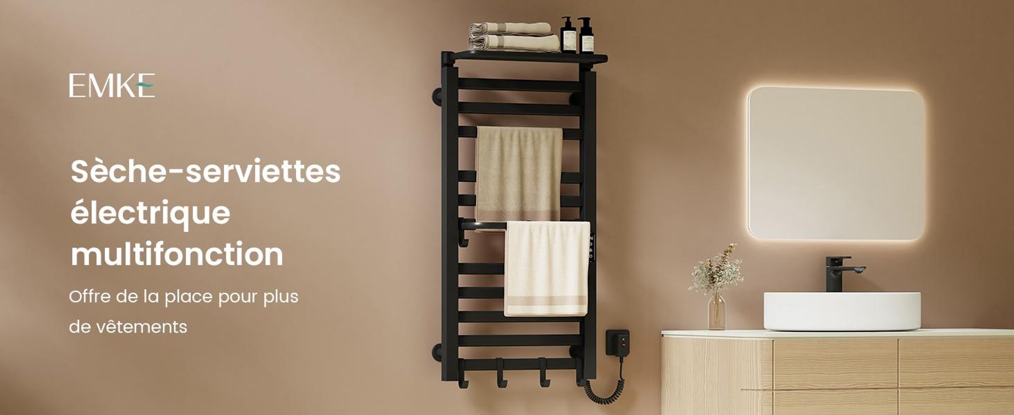 EMKE Sèche-serviettes électrique 1000x500 mm, 280W, double rangée, tubes plats, étagère et crochets, WiFi Tuya Alexa, noir mat