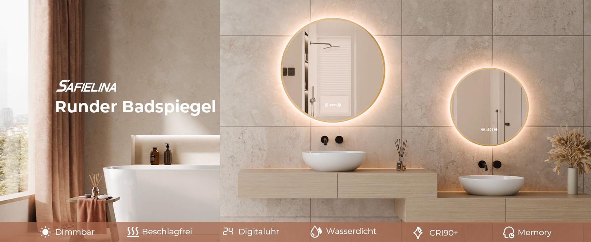 S'AFIELINA Badspiegel mit Beleuchtung Rund 60 cm Diameter, LED Badspiegel mit Touch, Beschlagfrei, Dimmbar, Uhr, Temperatur, Speicherfunktion,Gold