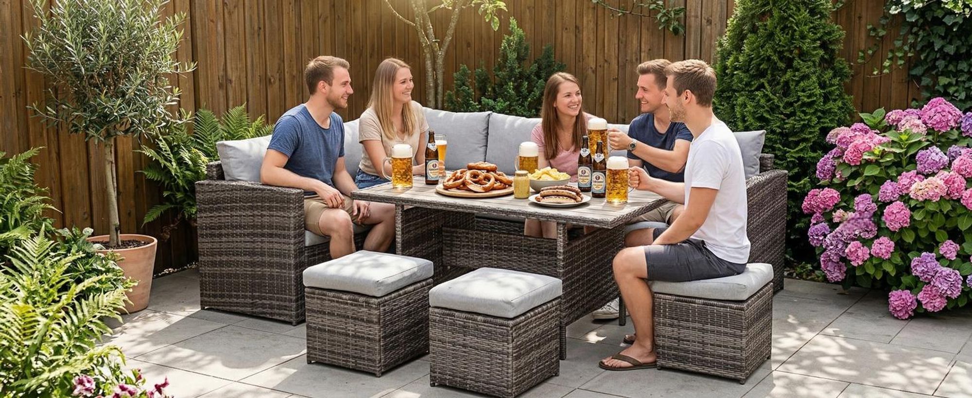 MeXo Gartenlounge Set 8 Personen Lounge Gartenmöbelset Polyrattan Essgruppe wetterfest Ecklounge mit großem Esstisch 132×76×67 cm, L-Form