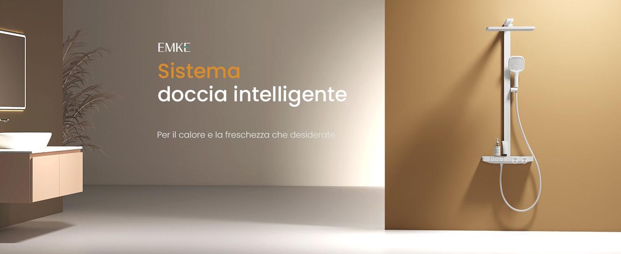 Sistema doccia EMKE con termostato Colonna doccia dal design pluripremiato, bianco 360×240 mm, doccia a pioggia angolare, regolatore del flusso d'acqua, bocca da bagno F29