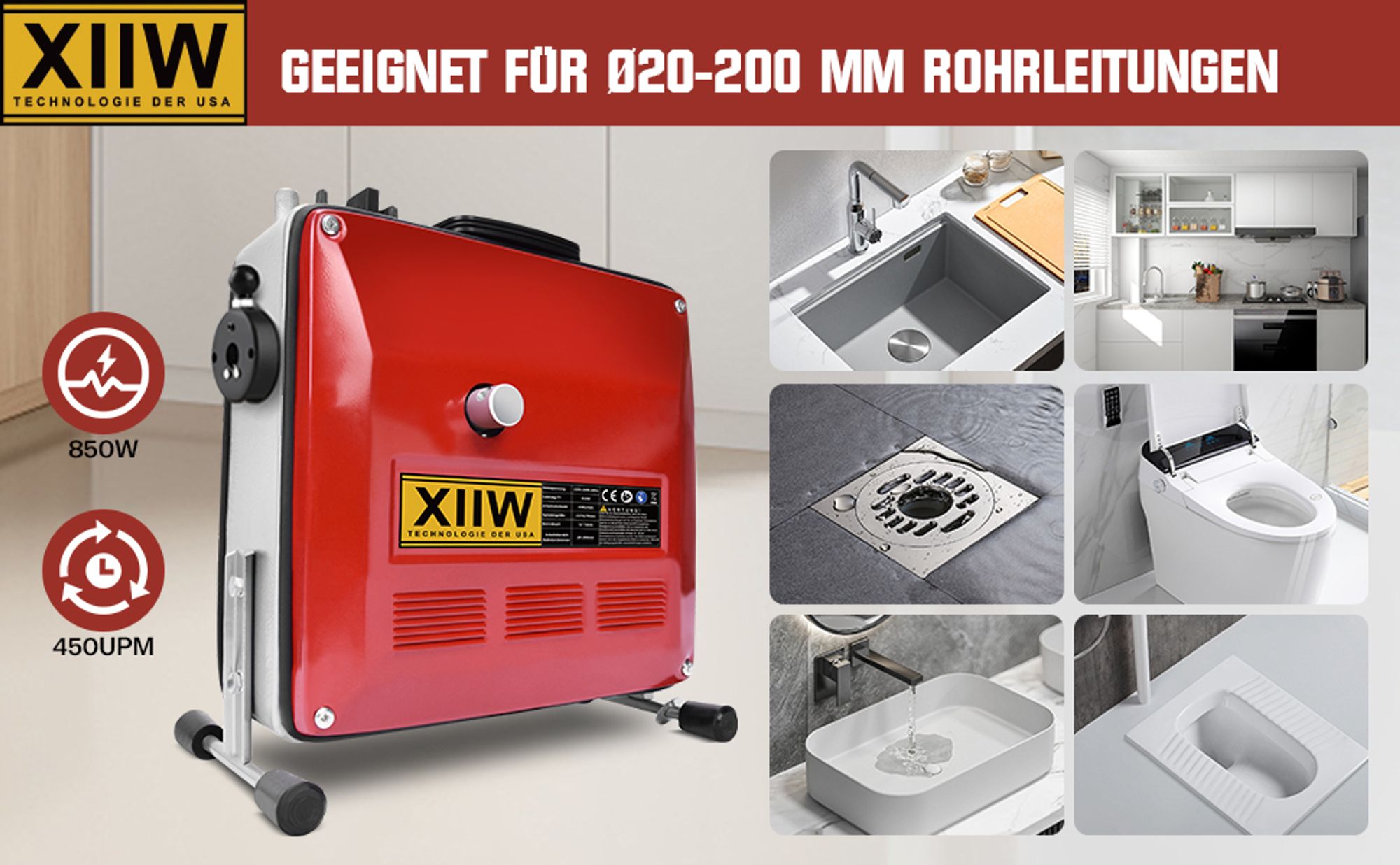 Rohrreinigungsmaschine 850W mit 21m Ø22mm,14.5m Ø16mm, 5m Ø10mm Spirale für Ø20-200mm, Rohrreinigungsgerät 450U/M Elektrische Abflussreiniger