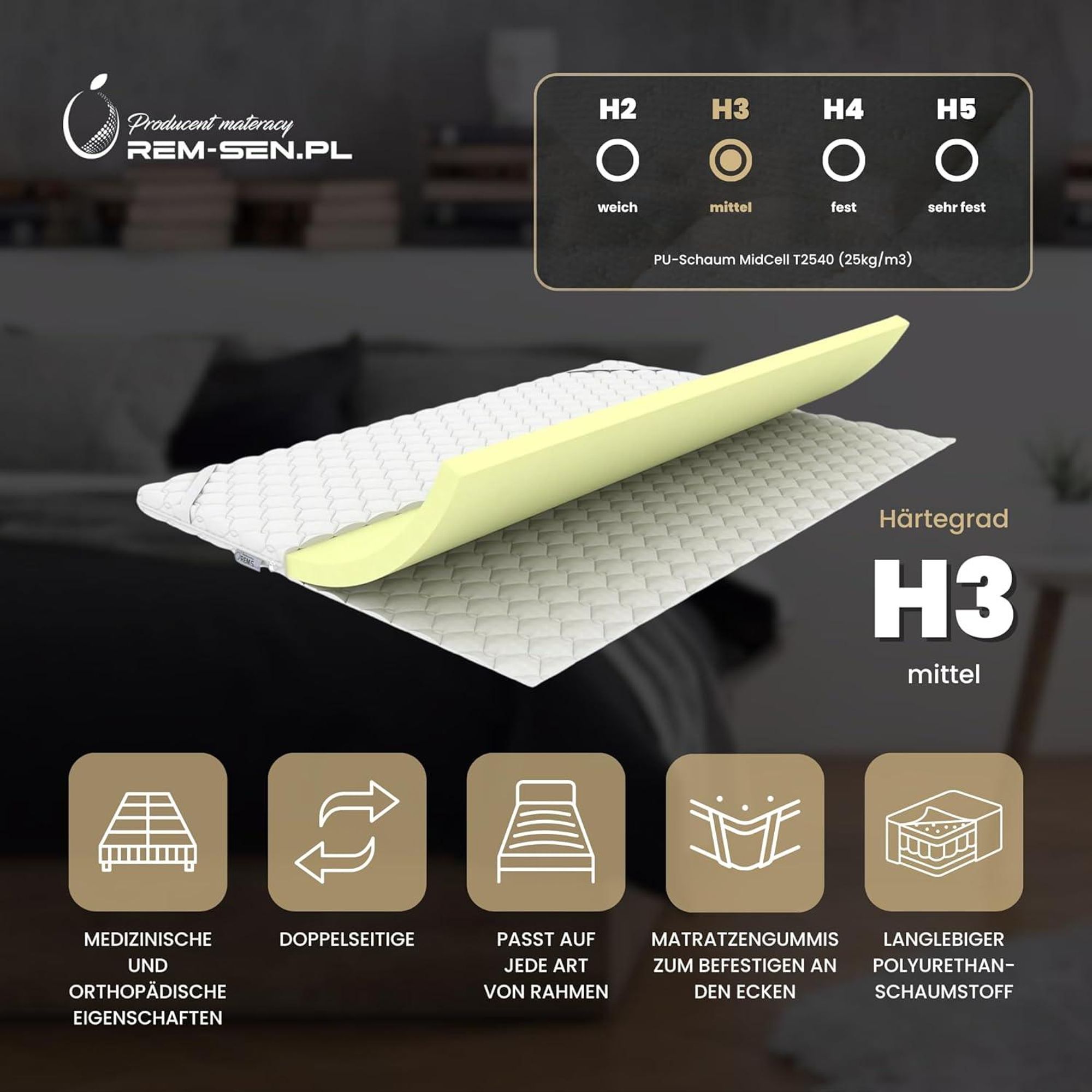 REM-SEN Matratzen Topper Matratzentopper 110x190 cm Höhe 5cm Härtegrad 3 (H3) Mattress Topper aus mittelfeste Polyurethanschaum, Dreilagige Membranhülle Für Sofa oder jeden Platz,