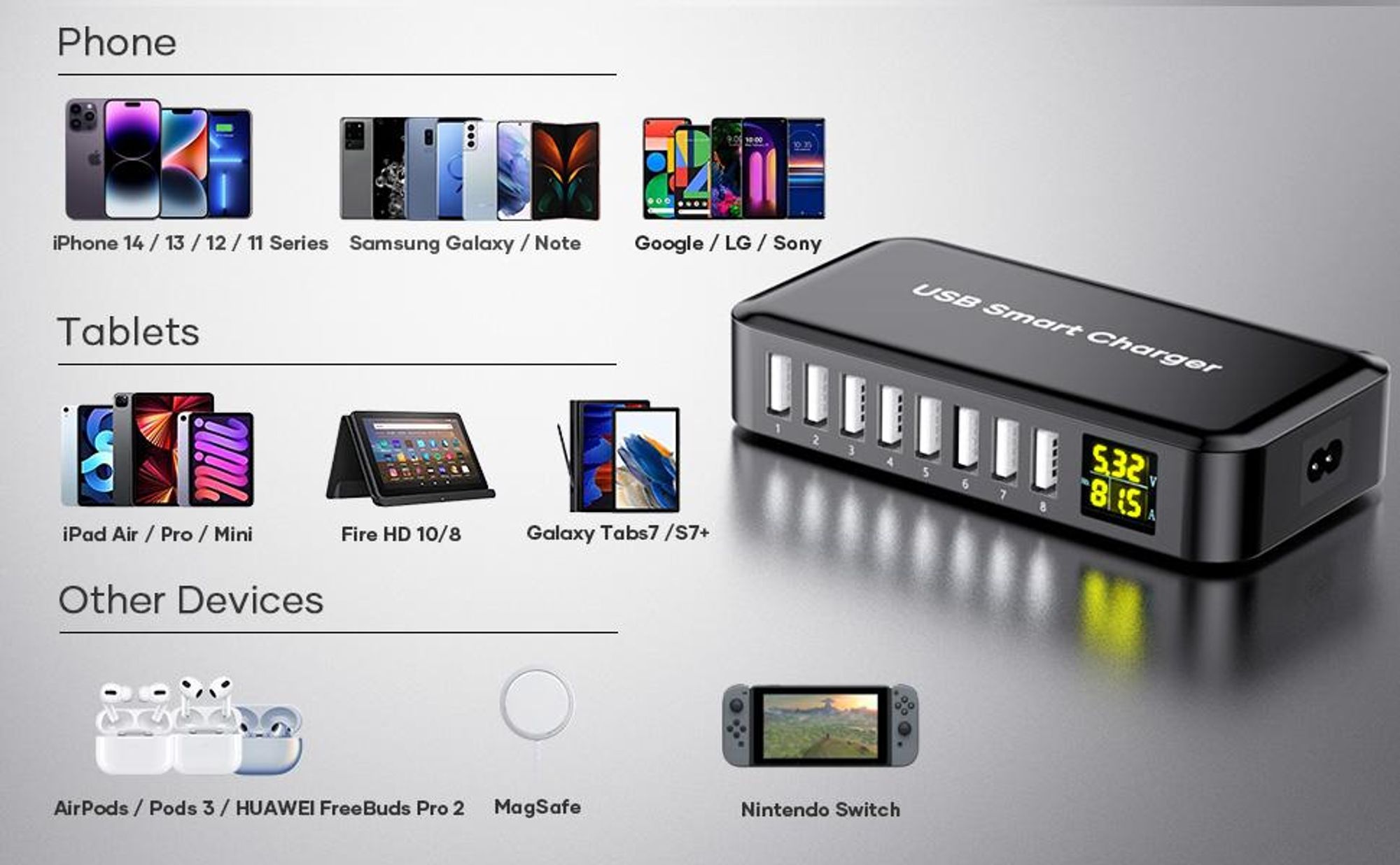 USB Ladegerät, USB Ladestation, 40W 8A 8-Port Ladestation, mit LCD-Display, für iPhone/ Huawei/ Xiaomi/ Samsung/ OPPO/ VIVO