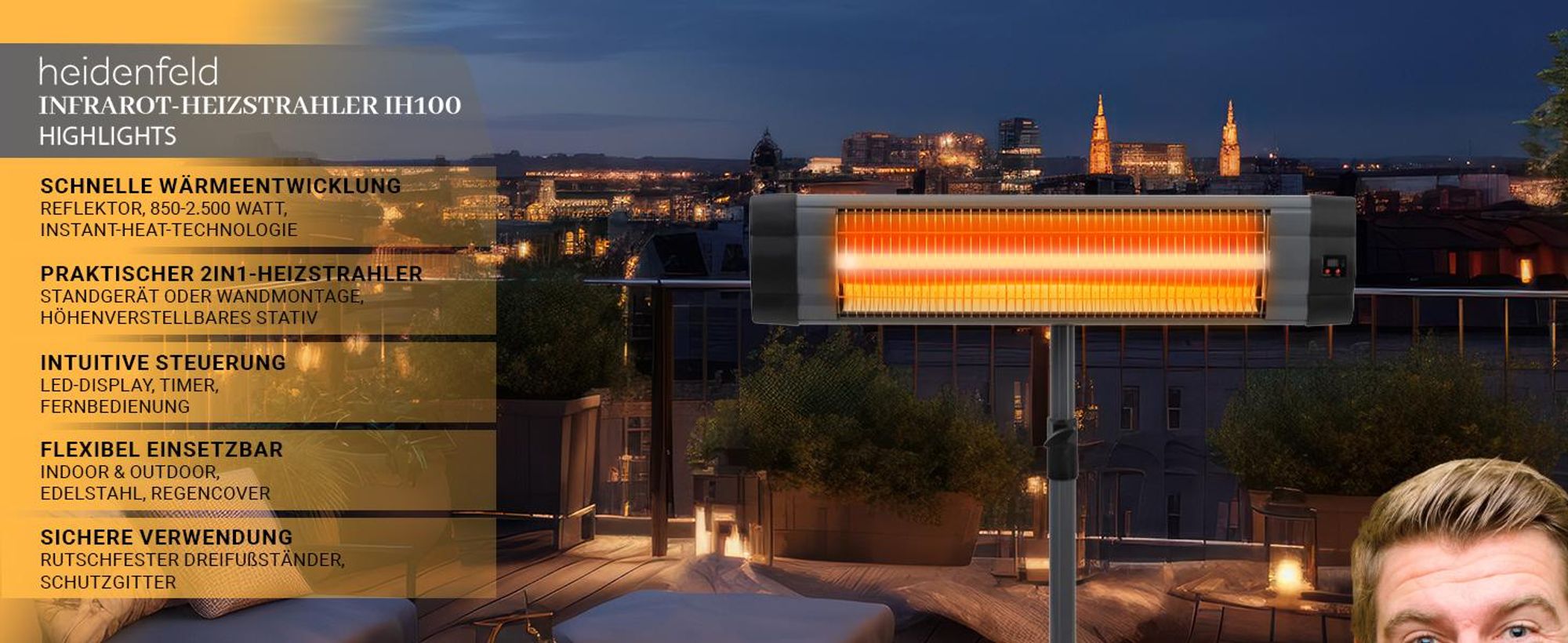 Heidenfeld Infrarot-Heizstrahler IH100 | Standheizung - Terrassen Heizung - Heizung Elektrisch - 3 Stufen - Stativ Höhenverstellbar - Fernbedienung