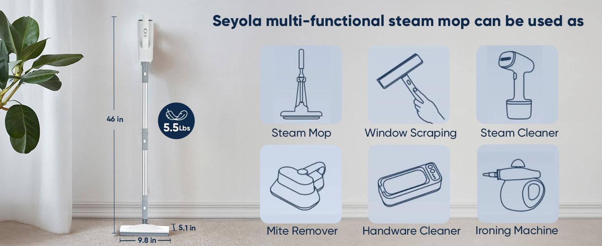 Dampfreiniger Steamclean Multifunktion, 1500W, Handgerät & Dampfmop für alle Böden & Teppich, beseitigt 99,9% Keime, 360ml Wassertank, 90° verstellbar