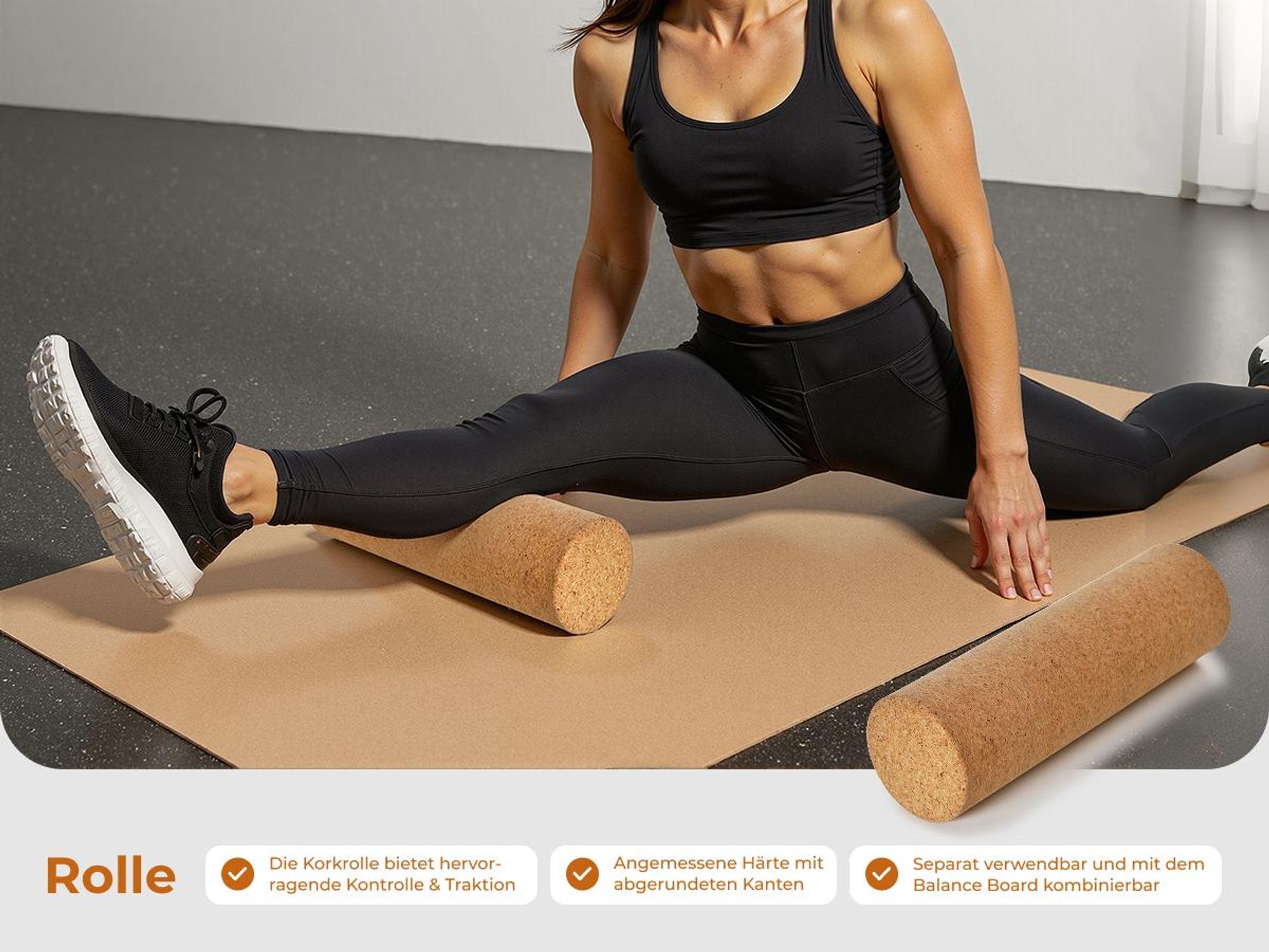 Planche d'équilibre HOKO ROLLO en bois avec rouleau en liège, idéale pour l'entraînement de l'équilibre, la coordination et les sports de planche, supportant jusqu'à 160 kg