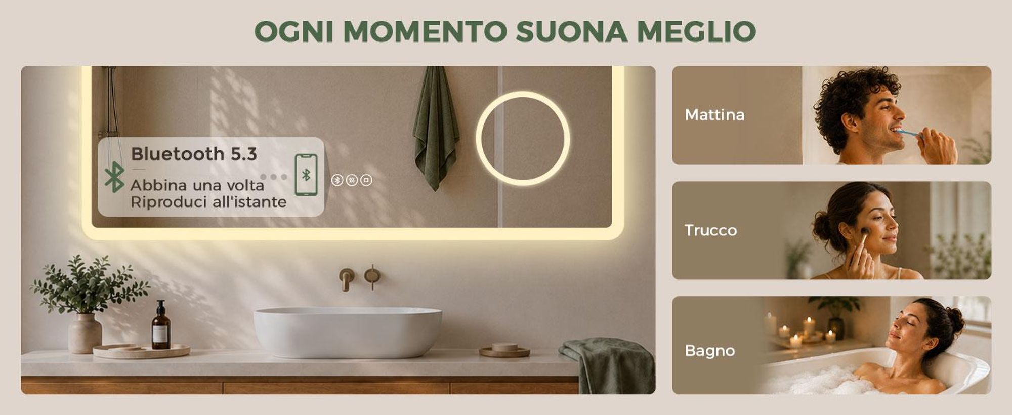 S'AFIELINA Specchio bagno LED con Bluetooth 5.3, 120 × 60 cm,Specchio ingranditore 3×, antiappannamento, 3 colori, dimmerabile, touch & memoria