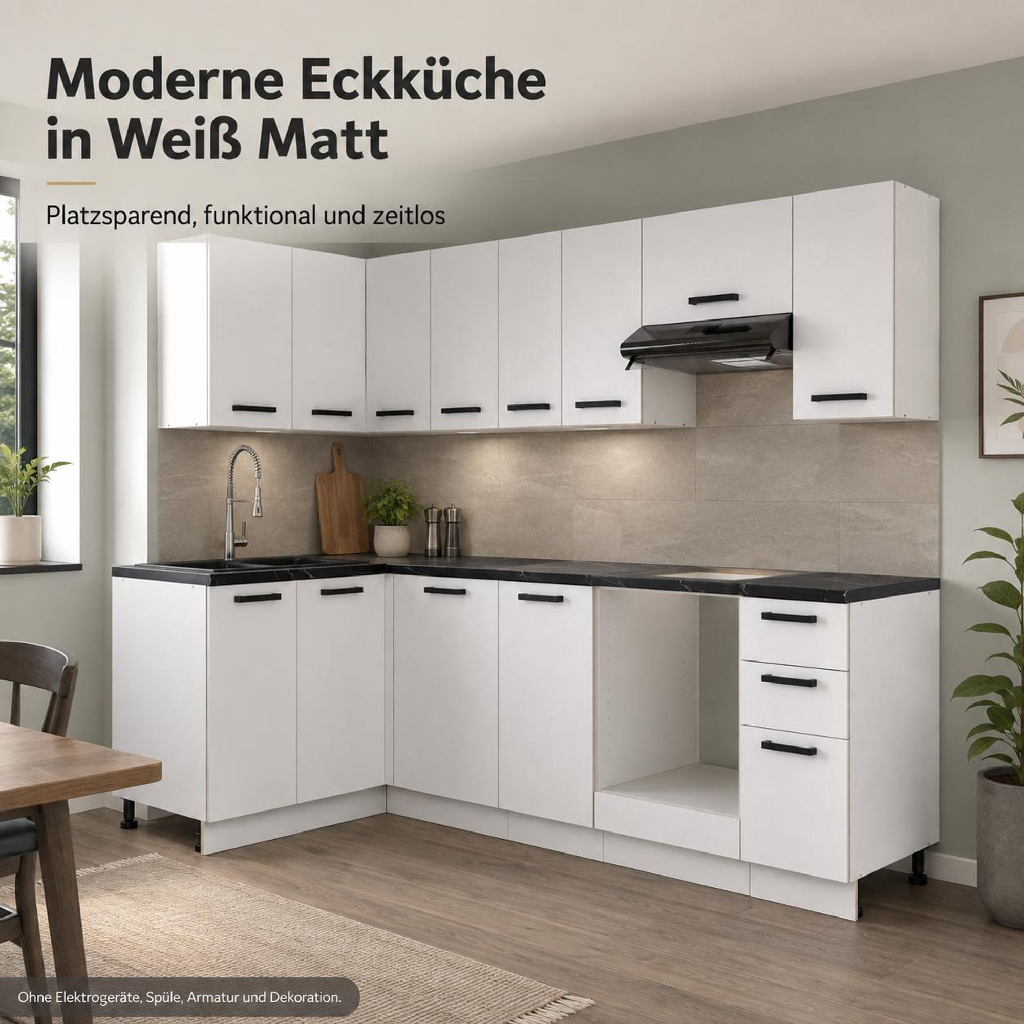 Moderne Eckküche in Weiß Matt mit dunkler Arbeitsplatte und schwarzen Griffen.