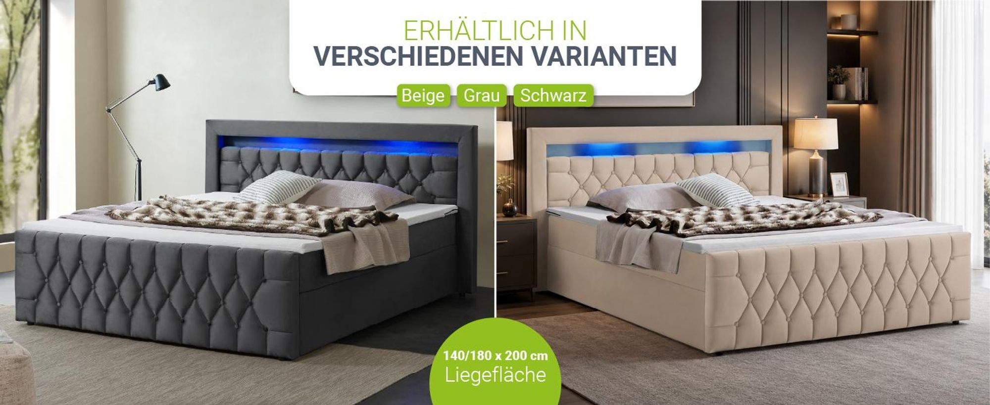Juskys Boxspringbett Leona Samt 180x200 cm in Schwarz – mit LEDs, Topper & Federkern-Matratzen