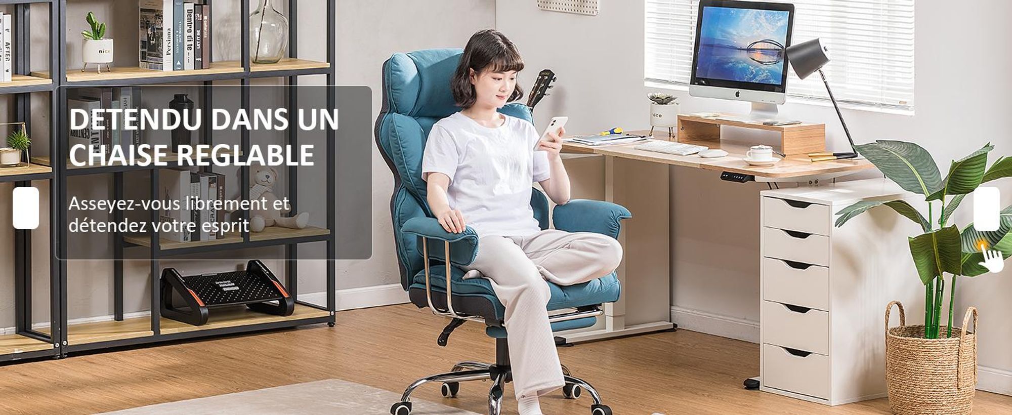 COMHOMA Chaise de bureau Gaming, chaise gamer, chaise de bureau ergonomique surface tissu avec repose-pieds, réglable en hauteur, chaise de bureau, fauteuil de direction, bleu-tissu
