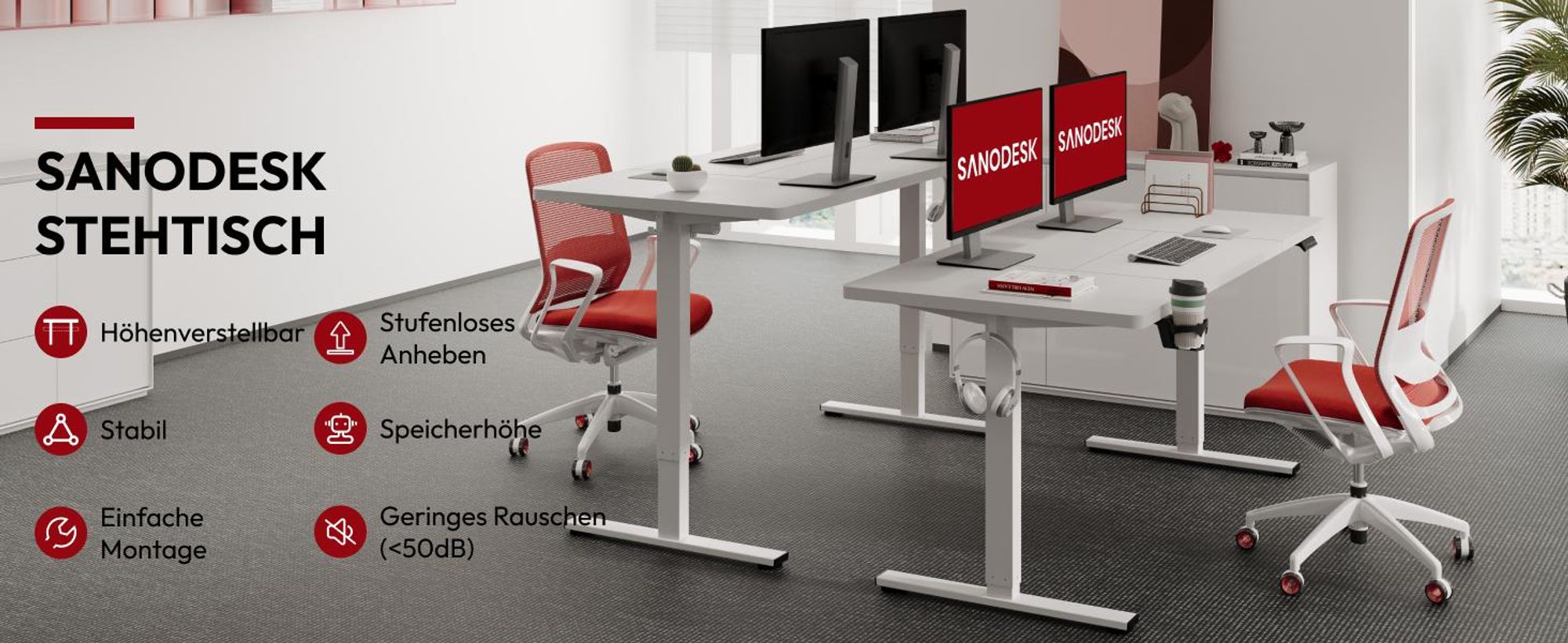 SANODESK Höhenverstellbarer Schreibtisch 160x60cm elektrisch 4 Memory-Funktion, Antikollisionsschutz, 70kg Tragkraft, mit Haken und Ablagebox (Weiß)