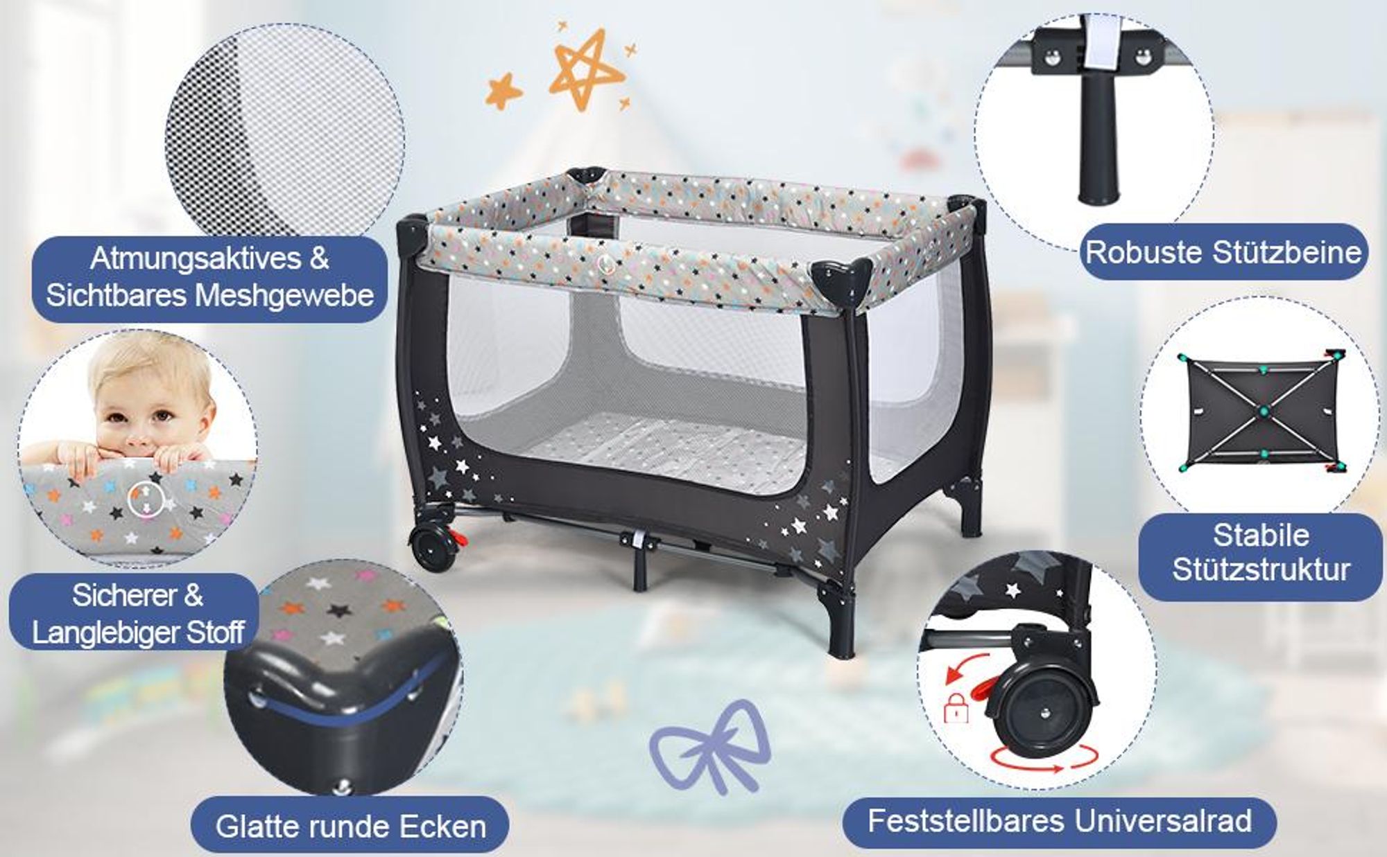 COSTWAY 2 in 1 Reisebett & Laufstall klappbar, 120 x 60cm Kinderbett, 2 Ebenen Babybett mit Matratze und Tragetasche (Grau)