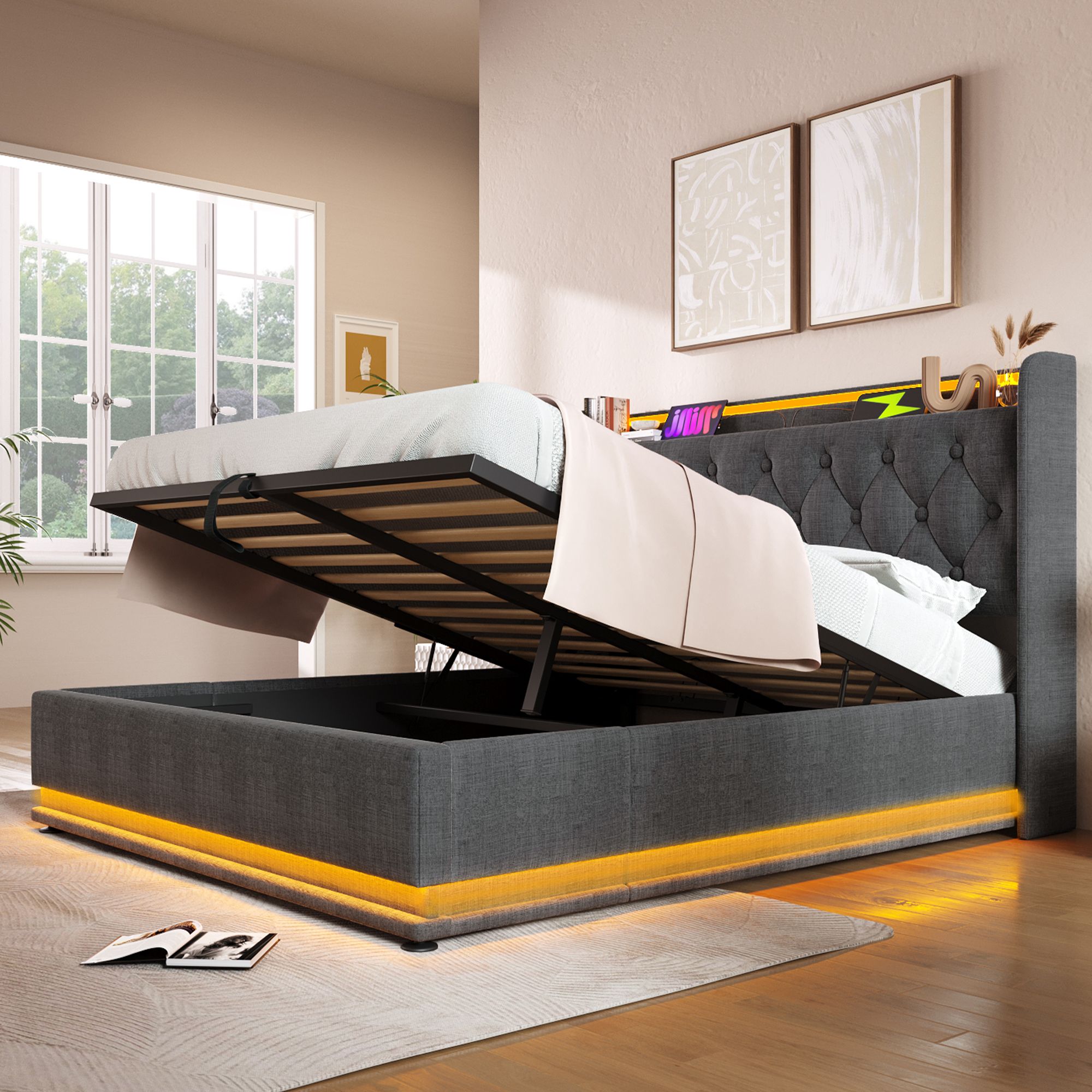 Flieks Polsterbett 160x200cm mit Ladefunktion (USB&Typ-c), Jugendbett Doppelbett Stauraumbett mit LED, Hydraulisches Boxspringbett, Leinen, Grau