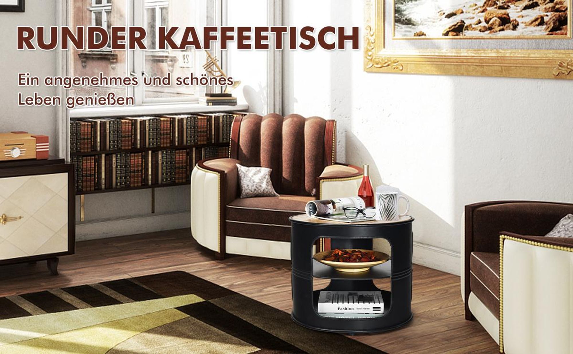 COSTWAY Industrie Beistelltisch aus Holz und Metall, 3 Ebenen Sofatisch, Kaffeetisch bis 50kg belastbar, Telefontisch rund, Nachttisch 50x50x41,5cm