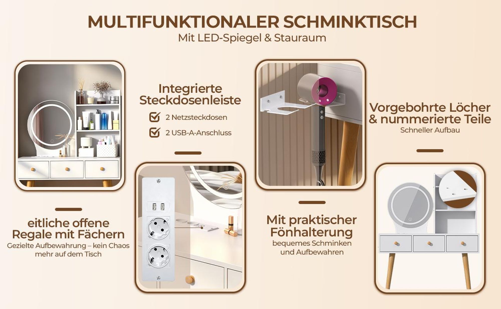 Schminktisch Spiegel mit 3 Schubladen Weiß, Schminktisch Kosmetiktisch Frisiertisch mit 3 Beleuchtungmodi