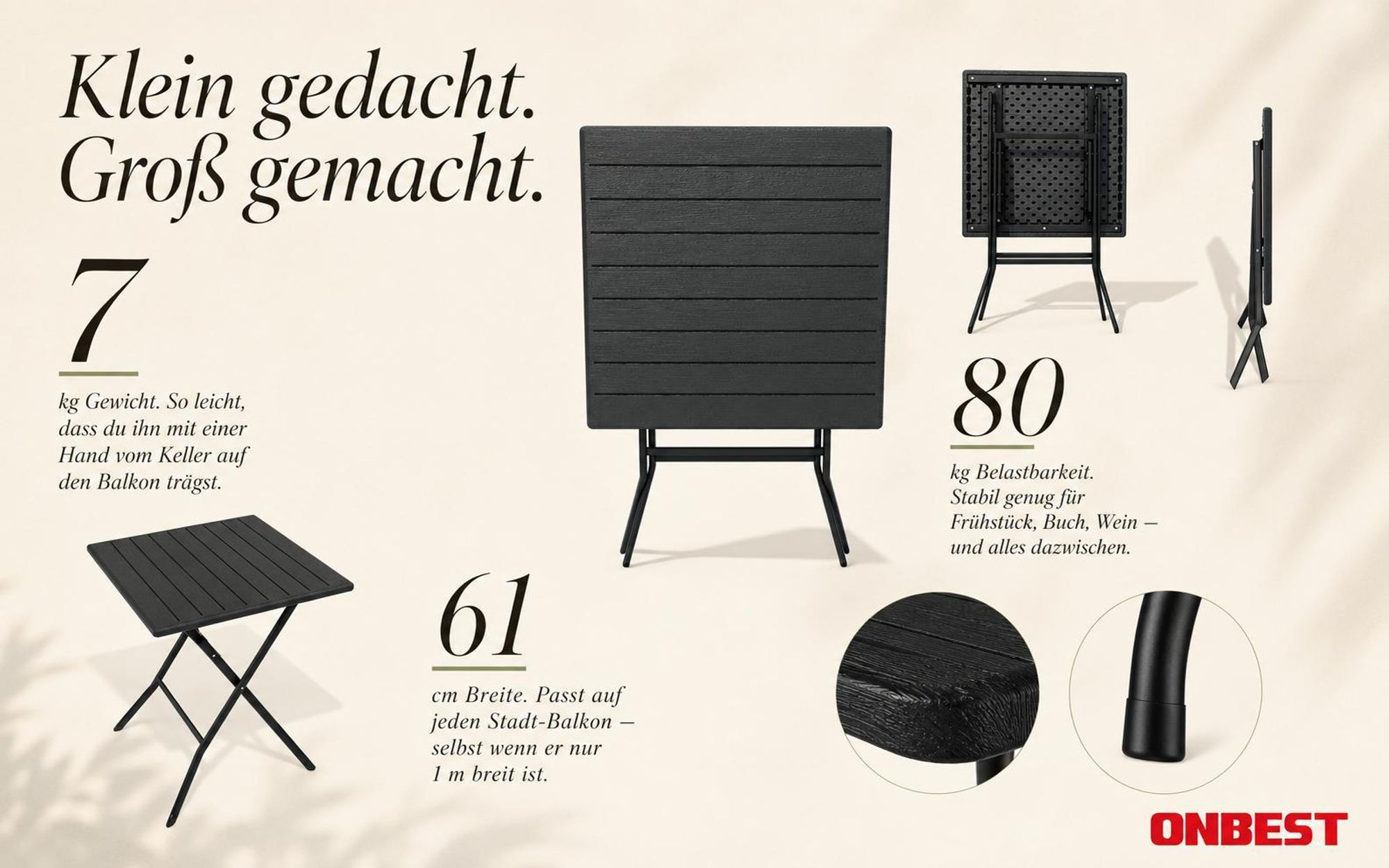 ONBEST Balkontisch klappbar | Schwarz | 56,5 x 62 cm | Holzoptik | Kunststoff | mit Stahlgestell