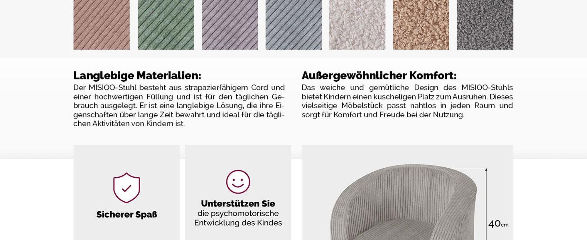 MISIOO Kindersessel Ab 1 Jahr – Corduroy Premium Sessel Kinder - Stabil Und Weich - Ergonomisch Gepolstert - 40x53x36 cm