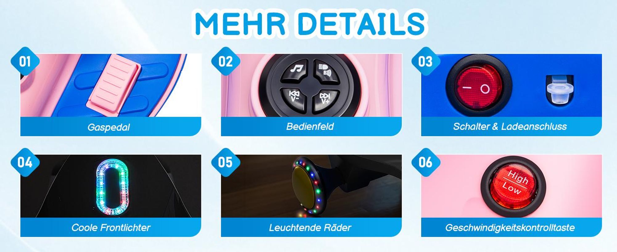 Kinder-Elektroauto 12V, Elektrisches Rutschauto mit Pedal, 2 Geschwindigkeiten und Kippschutz, Bluetooth, für Kinder ab 3 Jahren, Blau & Rosa