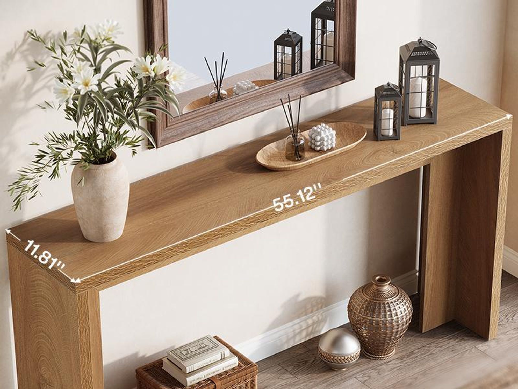 Tribesigns 140 cm Farmhouse table console, table basse en bois derrière le canapé avec espace de rangement, long support étroit de couloir salon, entrée, marron clair