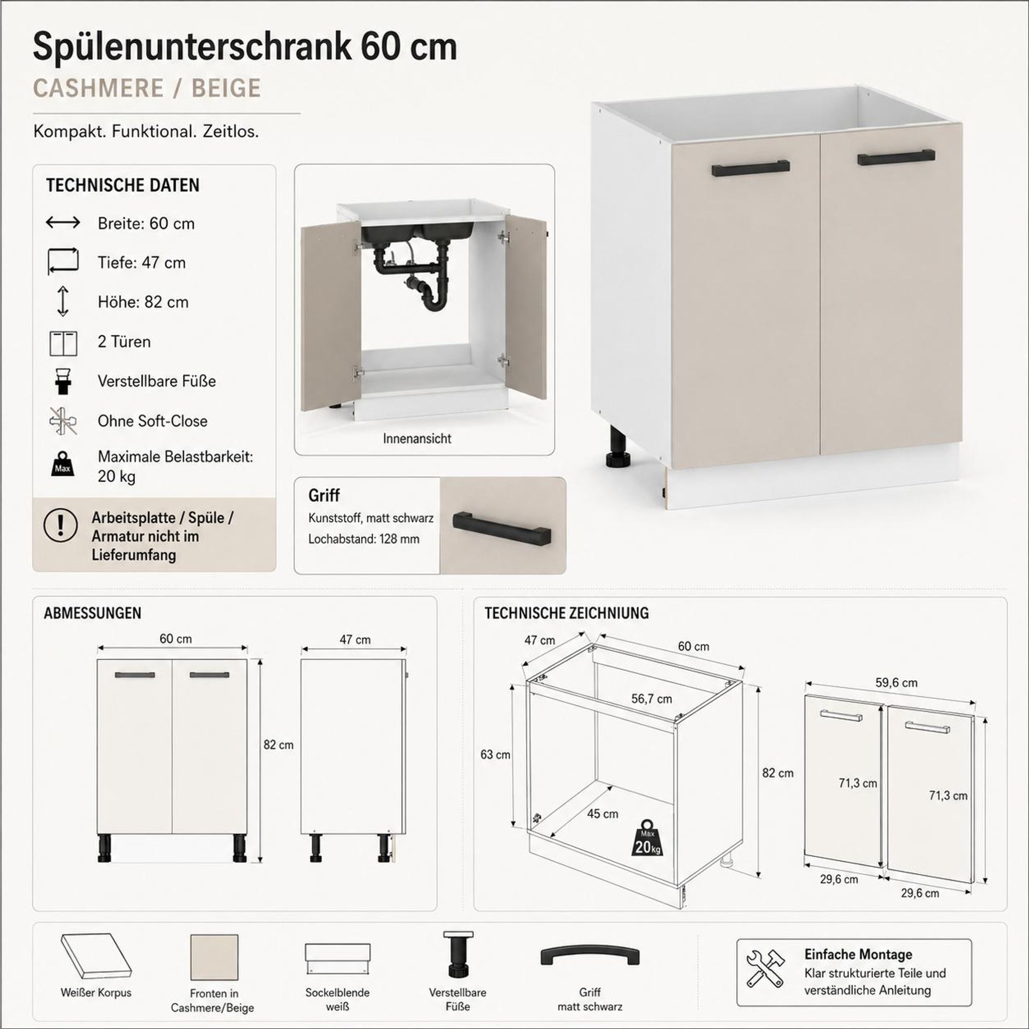 Spülenschrank 60 cm Kaschmir Beige: Pflegeleichte Front, Griffe & Bemaßung.
