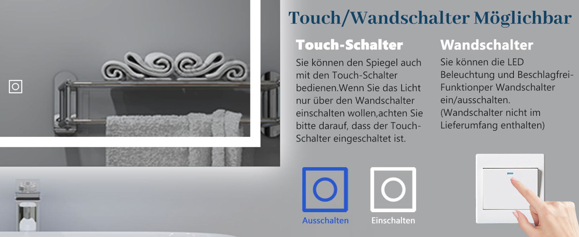 AICA LED Badspiegel 100x80cm Palmer-Serie 3 Lichtfarbe 3000K-6000K Dimmbar Wandspiegel mit Touch/Wandschalter Beschlagfrei Auto-Abschaltung IP44