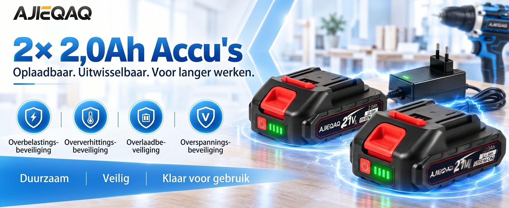 Accuschroevendraaier 21V set, accu-klopboormachine met 2×2,0Ah Li-Ion accu, 45Nm, 2 versnellingen, LED-werklicht, accessoires en koffer