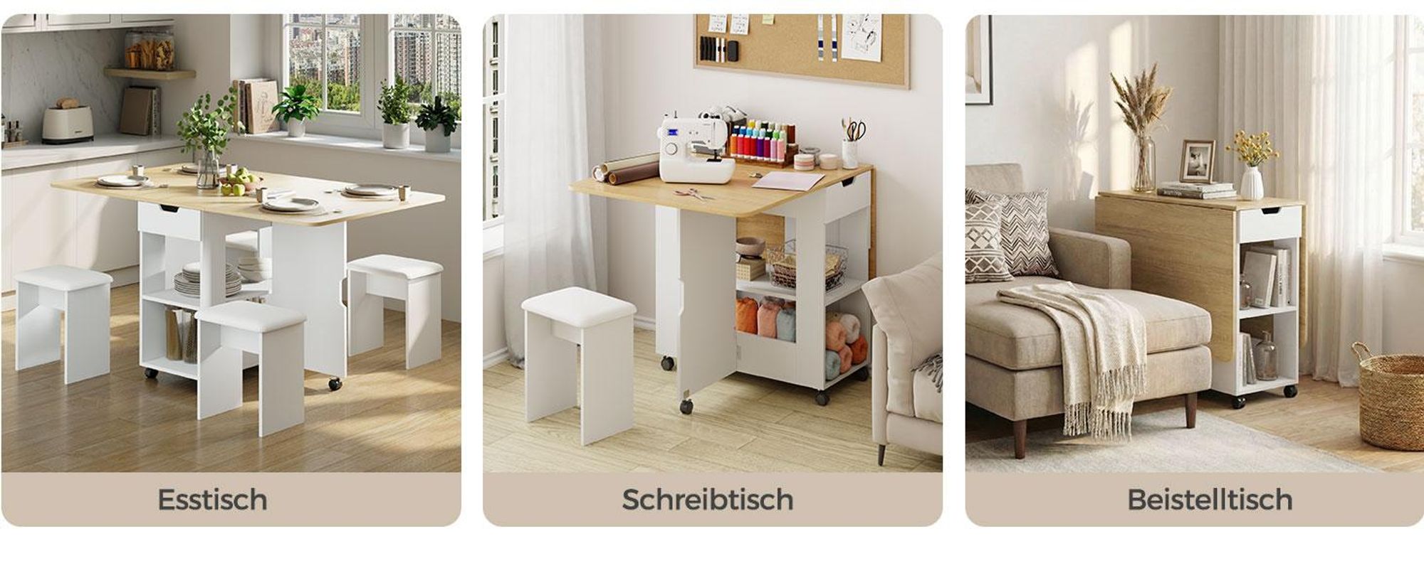Mondeer Klapp-Essgruppe mit 4 Hockern Platzsparend, Rollen, 2 Schubladen & Ablageflächen Eiche und Weiß