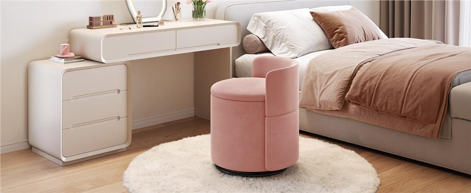 Yaheetech Drehbarer Sitzhocker mit Stauraum 40 L, gepolsterter Schminkhocker, Hocker für Schminktisch, aus Samtbezug, bis 136 kg, Rosa