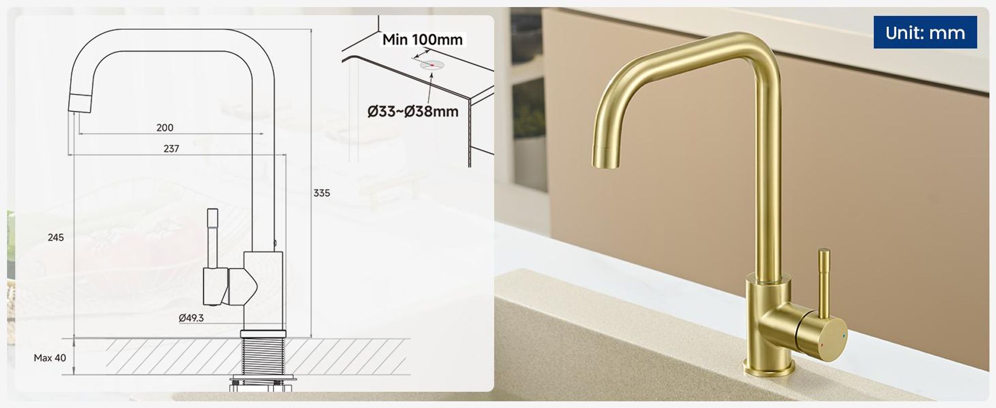 Wasserhahn Küche Hoher Auslauf L-Form, 360° Drehbar Spültischarmatur Gebürstet Gold, Einhandmischer 304 Edelstahl Küchenarmatur Cecipa
