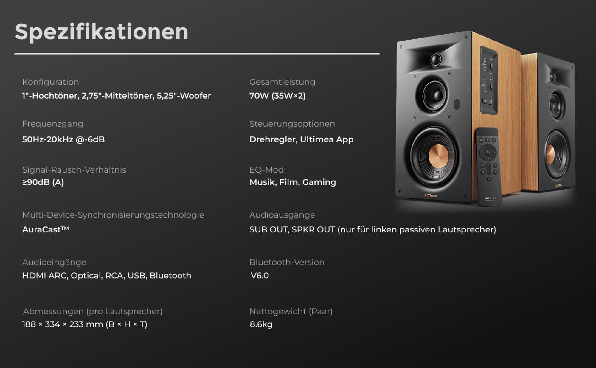Ultimea Signature BS-30, Aktivlautsprecher 3-Wege Regallautsprecher, bookshelf, HDMI