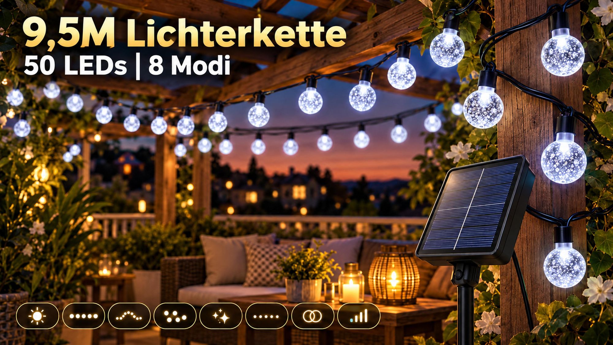 9.5M Lichterkette Außen Solar Glühbirnen LED Lichterketten, Innen Außen Weihnachten Beleuchtung Outdoor Garten Deko, Weiß