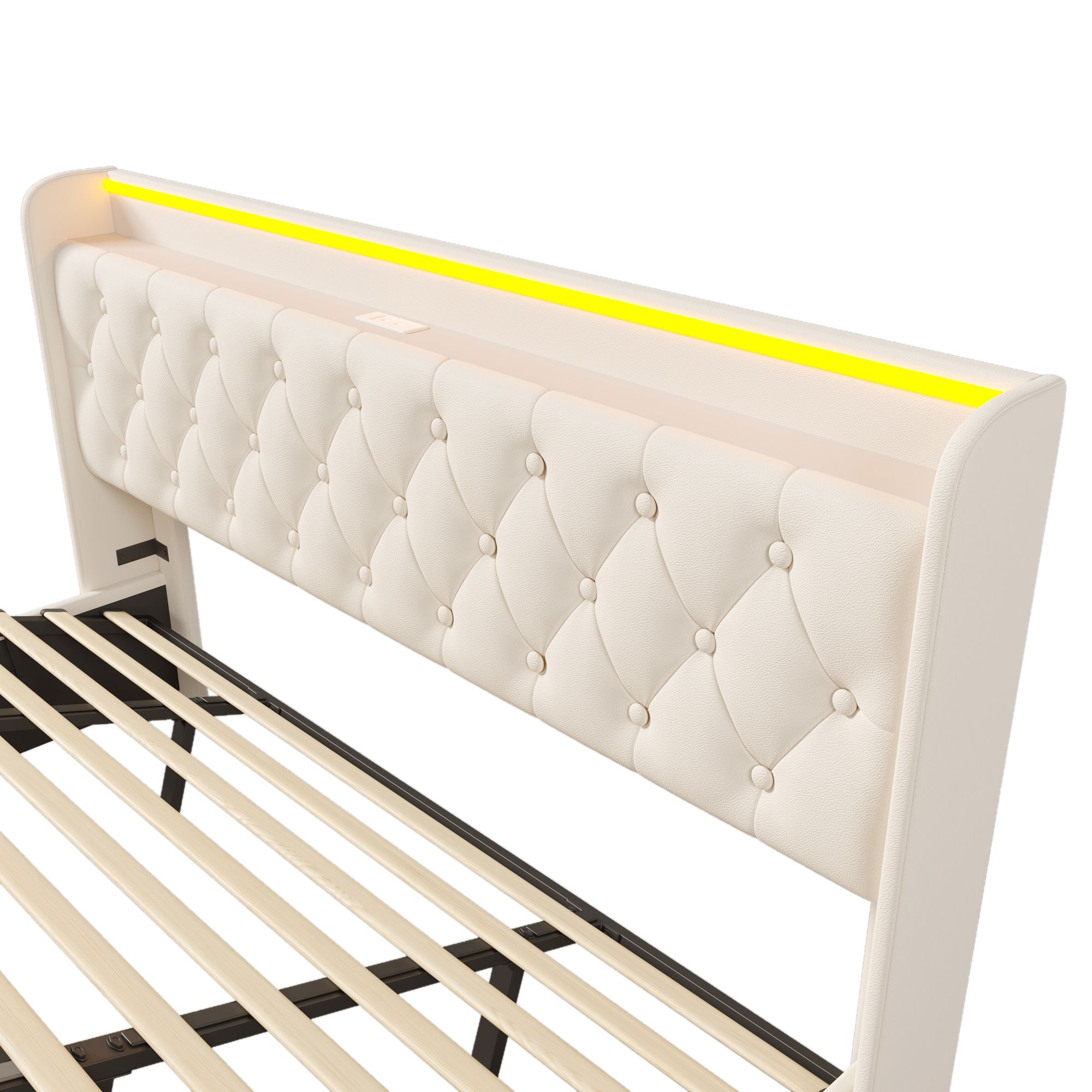 Flieks Polsterbett 180x200cm mit Ladefunktion (USB&Typ-c), Jugendbett Doppelbett Stauraumbett mit LED, Hydraulisches Boxspringbett, PU, Weiß