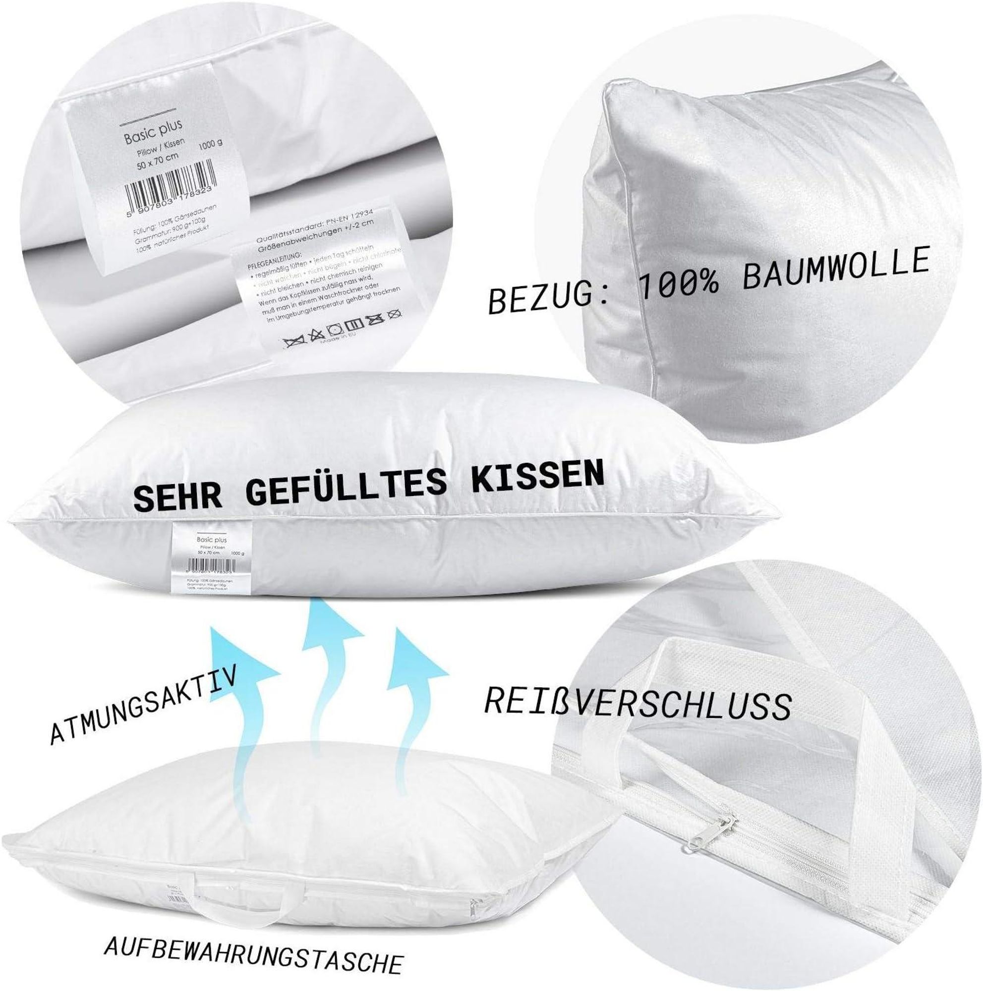 Dreikammer Kopfkissen 50x70 cm 1000 g – 90% Gänsedaunen – 3-Kammer Daunenkissen mit Baumwollbezug – 1er Set