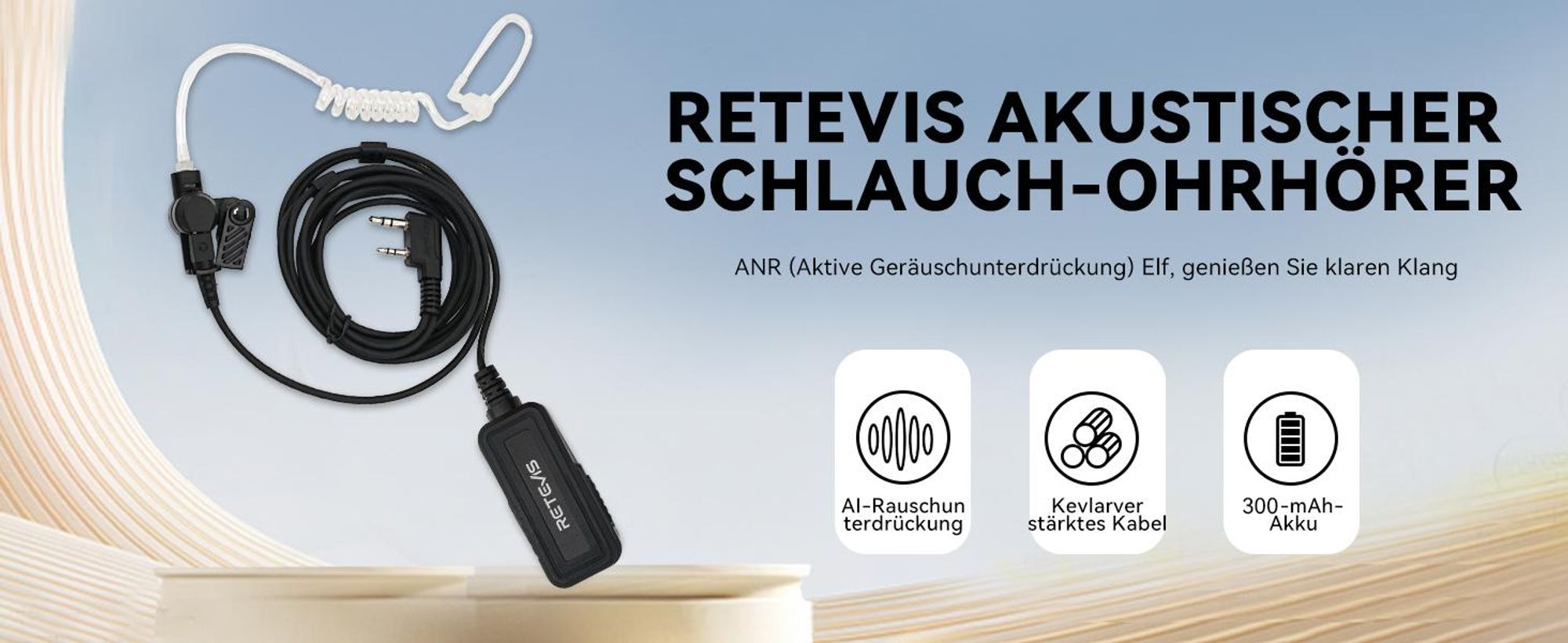 Retevis AI Aktives Walkie Talkie Headset, Radio-Ohrhörer, mit Geräuschunterdrückung, Schallschlauch-Kopfhörer, 2-Pin Kompatibel mit BF JUCJET RT24RT27