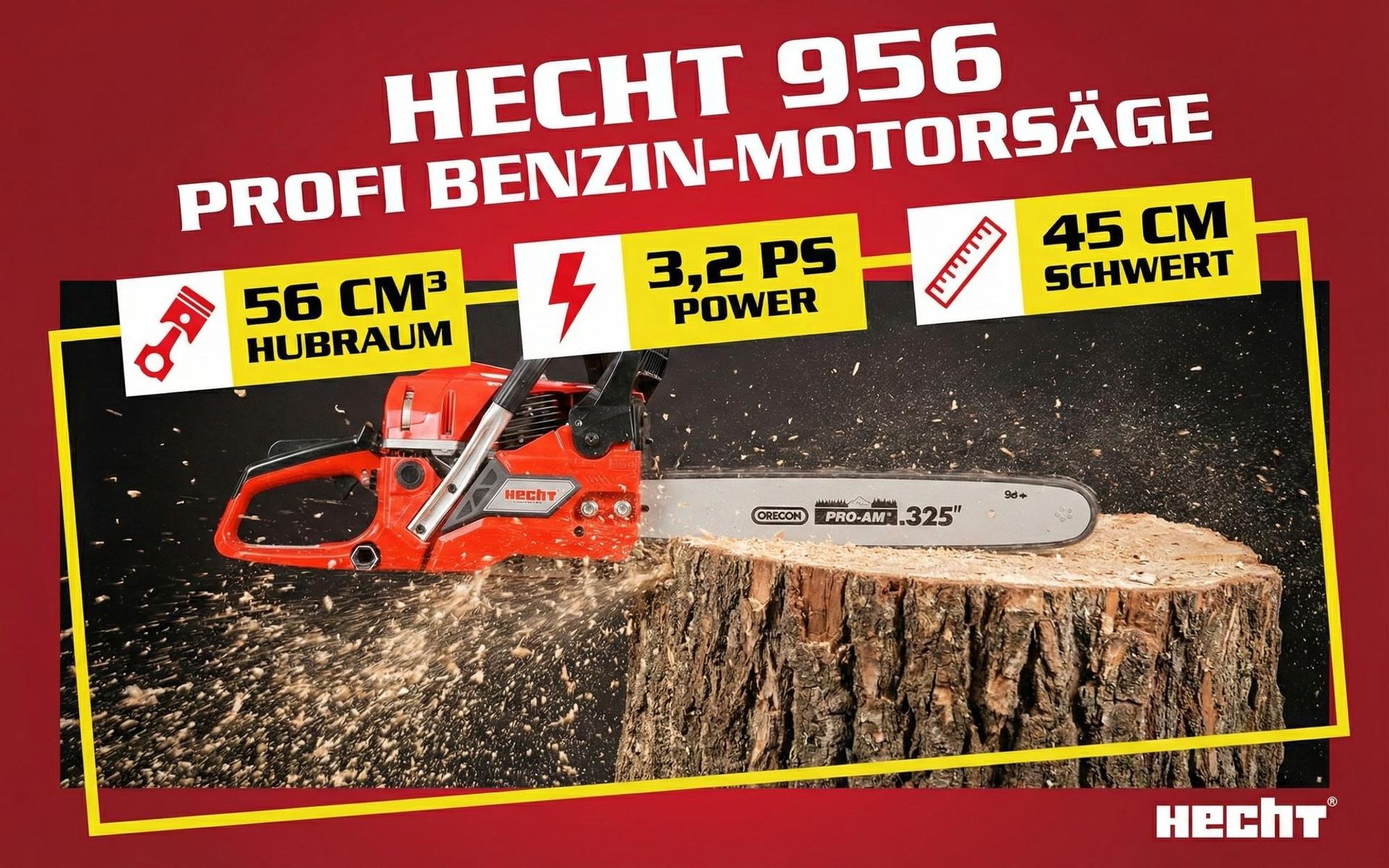 Kettensäge Motorsäge Benzin HECHT 956 | 45 cm Schwertlänge | 3,2 PS / 56 cm³ | 5,6 kg | 23 m/s