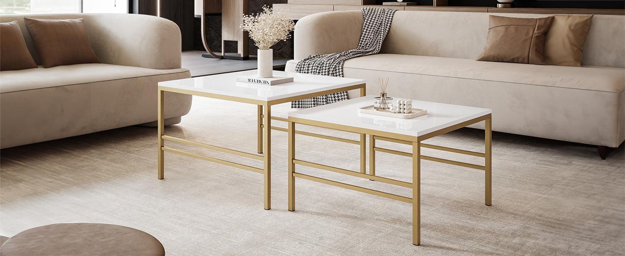Idohome - Moderner Couchtisch FORMA 2in1 70/60 cm für das Wohnzimmer 2er Set mit Metalgestell Kaffeetisch Wohnzimmertisch Gold / Weiß Hochglanz