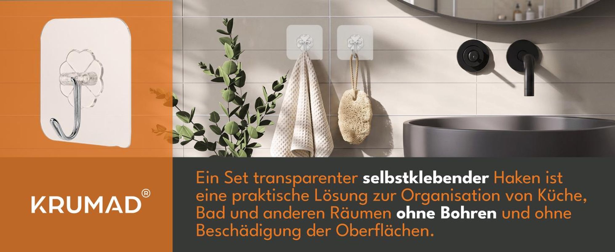 KRUMAD Klebehaken Extra Stark 30 Stück, Selbstklebende Haken ohne Bohren, Wandhaken 180° drehbar, Transparent für Bad, Küche & Büro