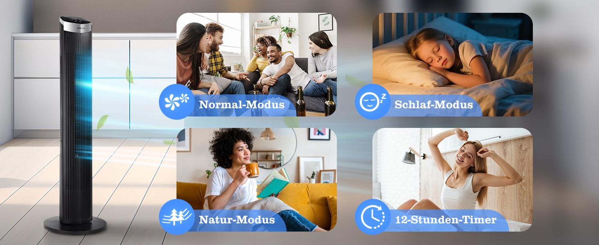 Aigostar - 45W Turmventilator mit Fernbedienung, 4 Modi, 3 Geschwindigkeiten, 12H Timer, 65 °Oszillation