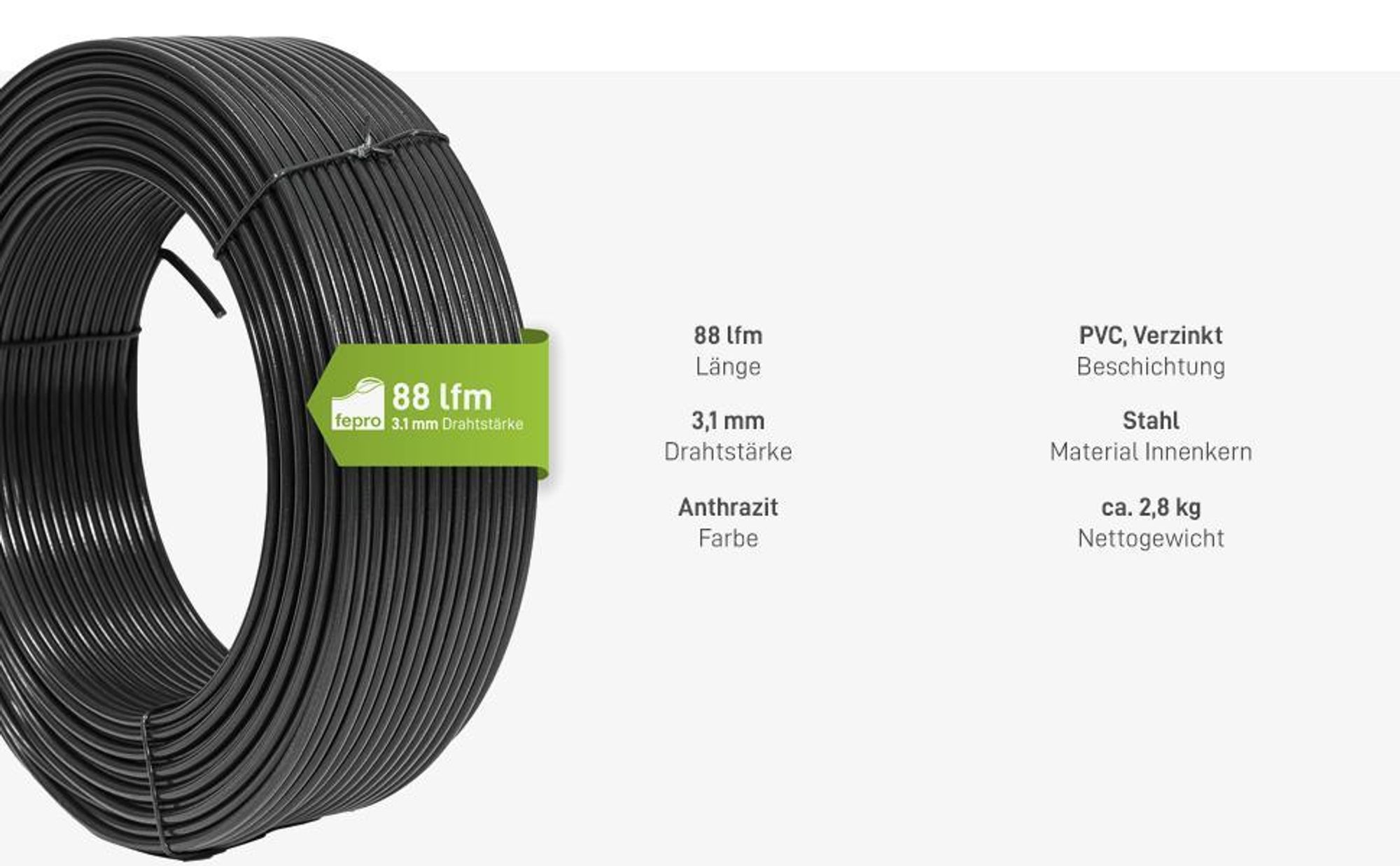 Fepro® Spanndraht 3,1 mm x 88 m, anthrazit, verzinkt und kunststoffbeschichtet - witterungsbeständig, ideal für Maschendraht, Wildzaun, Garten oder basteln