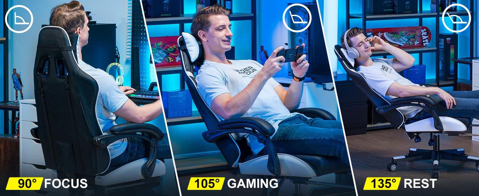 GTPLAYER Herná stolička, ergonomická kancelárska stolička s opierkou na nohy, herné kreslo s nosnosťou 150 kg, opierkou hlavy a bedrovou opierkou biela