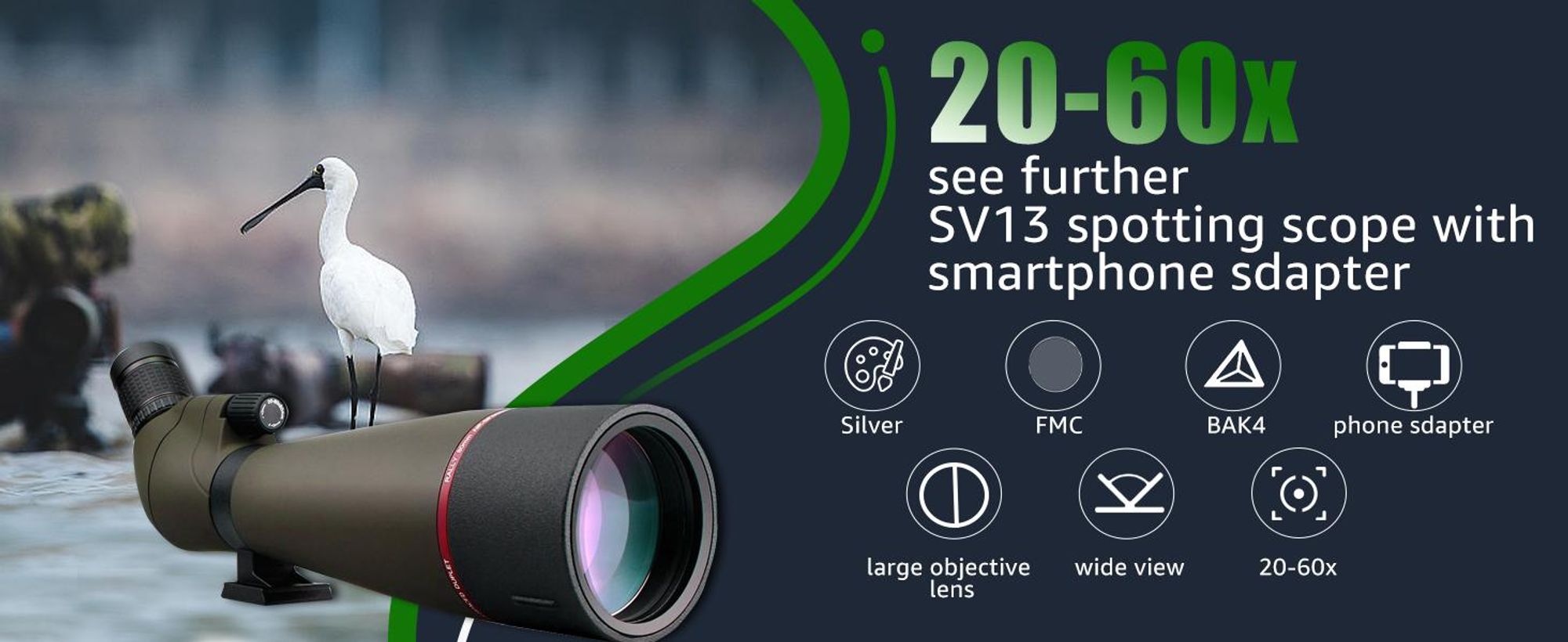 Svbony SV13 pozorovací dalekohled, dalekohled 20-60x80, vodotěsný pozorovací dalekohled HD s přenosným pouzdrem, optika Porro Prism FMC úhlová