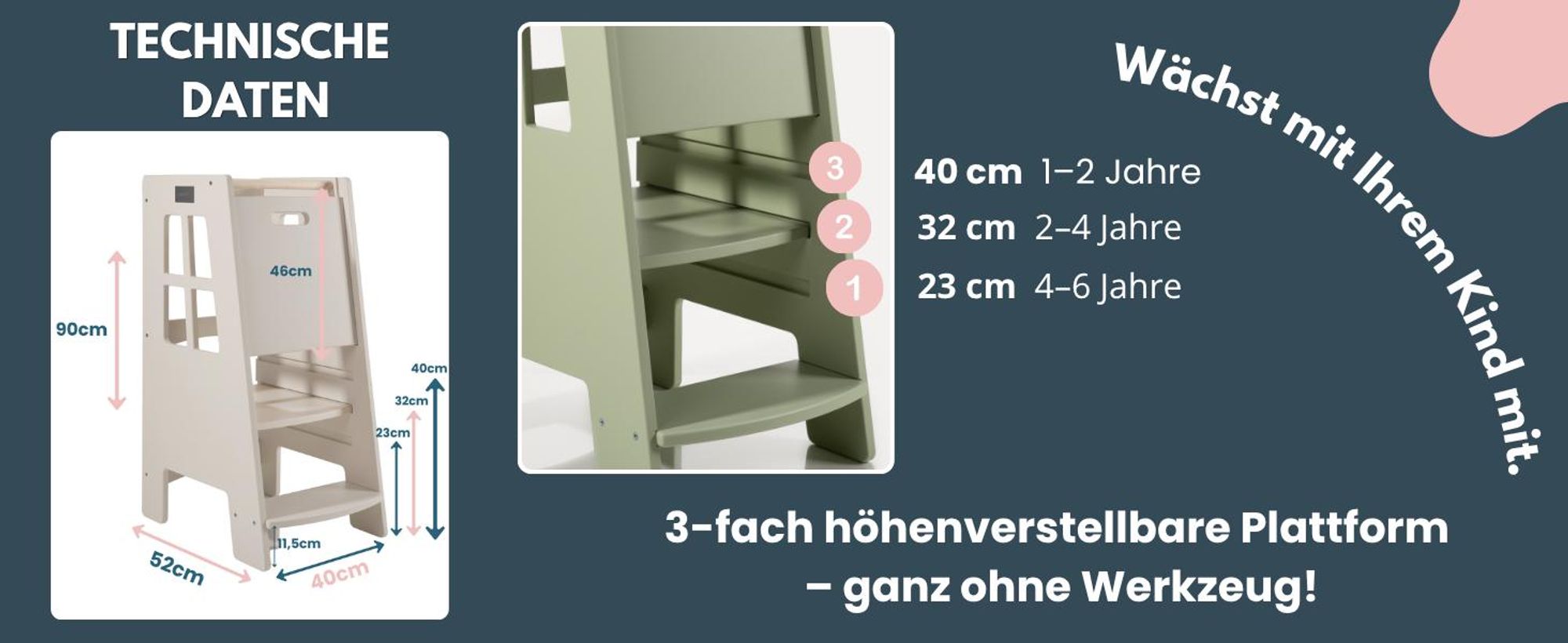 EXTRA SAFE - Montessori Lernturm Kitchen Helper Kinderplattform Küchenturm lackierter – kaschmir