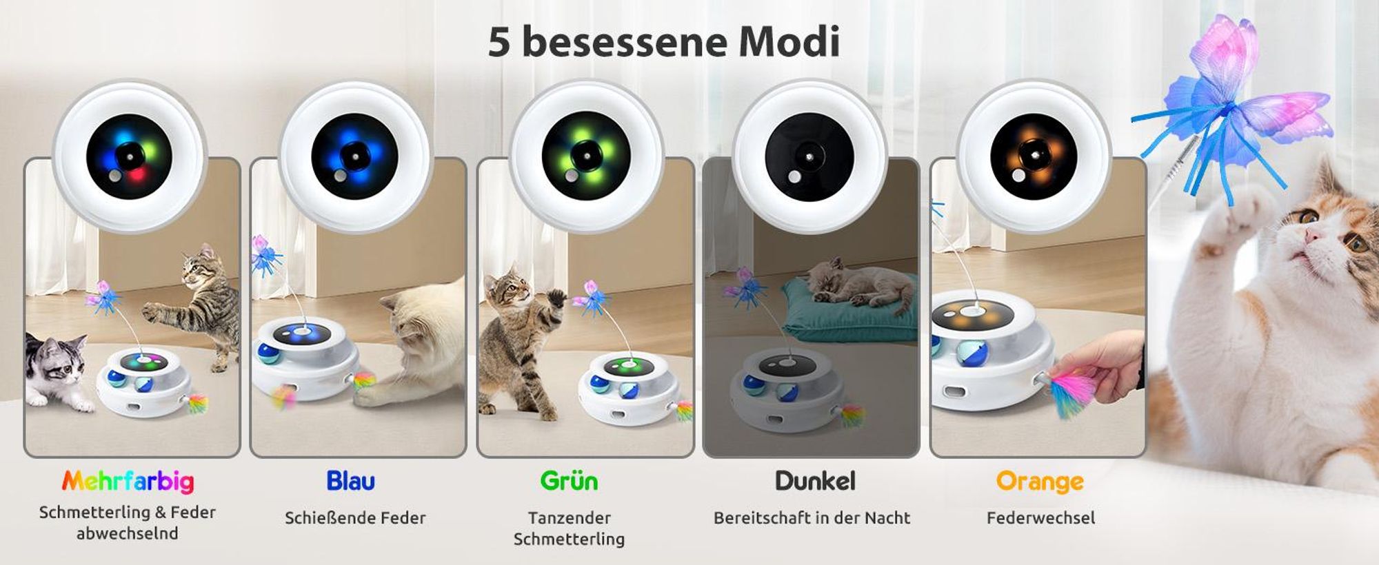 Katzenspielzeug, Elektrisch Interaktives Spielzeug für Katzen, Automatischer Kätzchenspielzeug, Federspiel, Flatternder Schmetterling, Katzenballbahn