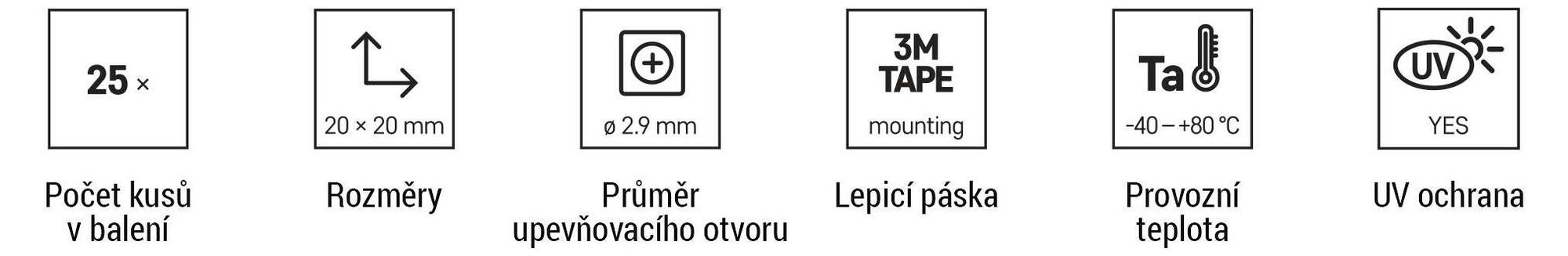 EMOS 25 ks samolepicích patek, 2x2 cm, 3M příchytky pro kabelové pásky, vysoká pevnost, -40–80 °C, ochrana proti UV, venkovní použití, černé, A2831