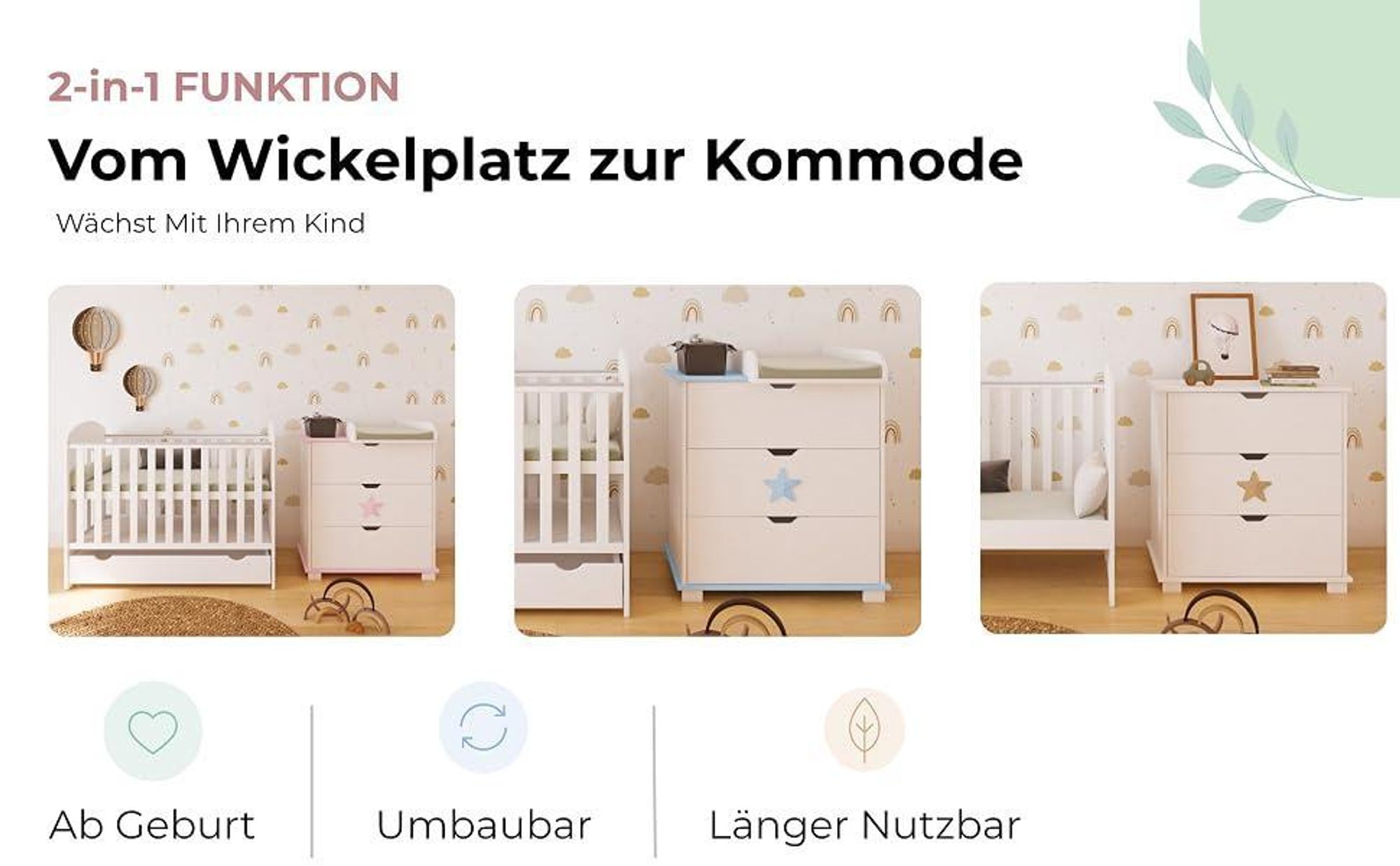 ZEE STAR Wickelkommode B:83 H:87 T:49 cm Weiß mit Rosa Stern 3 Schubladen Abnehmbarer Wickelaufsatz z Babykommode Skandinavisches Design