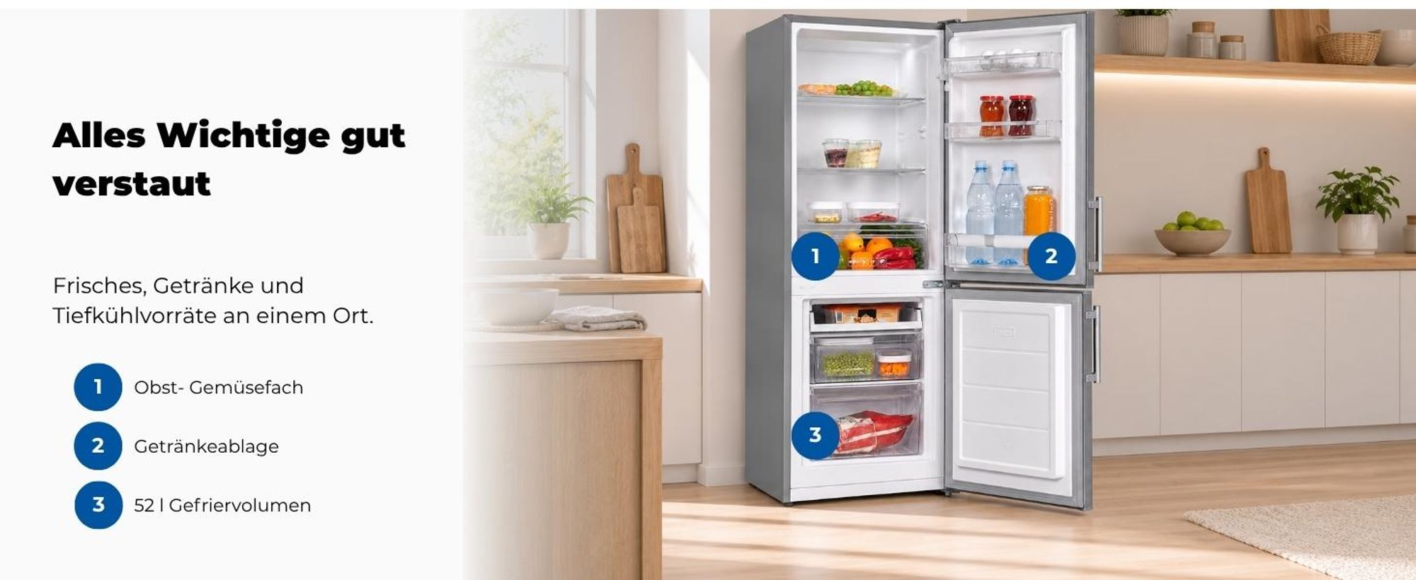 Exquisit Kühl-Gefrierkombination KGC5233-60-HE-040D inoxlook | Nutzinhalt: 173 L | Alarm-Funktion | 4-Sterne-Gefrieren | Standgerät