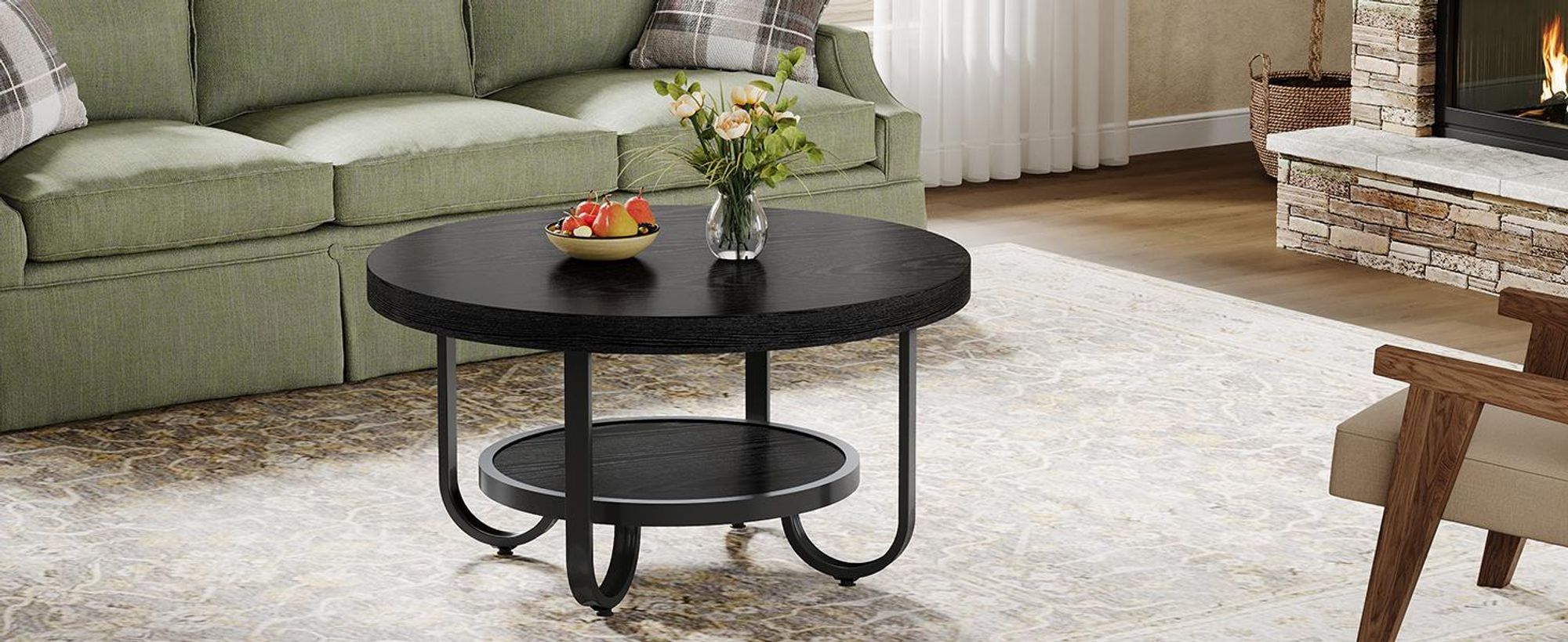 Tribesigns Runder Couchtisch, Industrial 2-stöckiger Sofatisch mit Lagerung Regale, 79 cm Mitte Tisch Sofa Beistelltisch, Schwarz