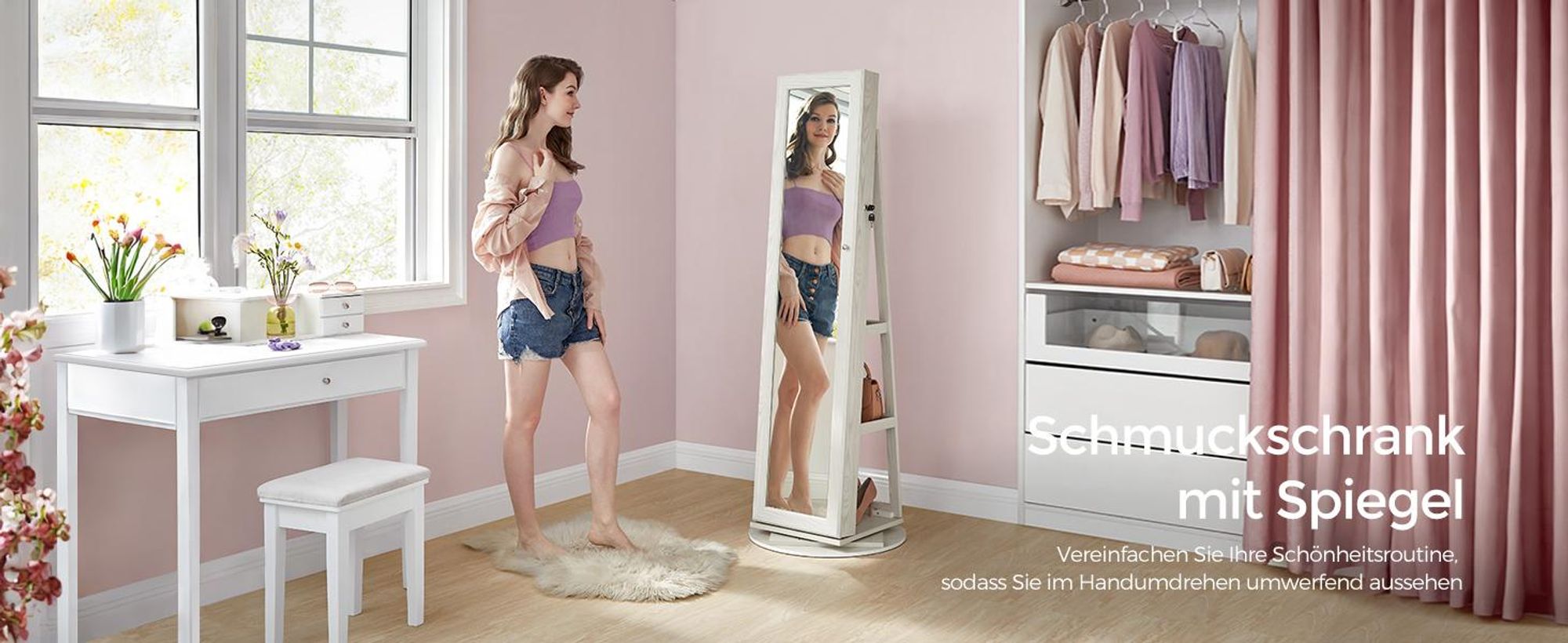 SONGMICS Schmuckschrank, 360° drehbar, Ablagen auf der Rückseite, Ganzkörperspiegel, abschließbarer Schmuckorganizer, mit kleinem Spiegel, weiß mit Holzmaserung CBJ62W